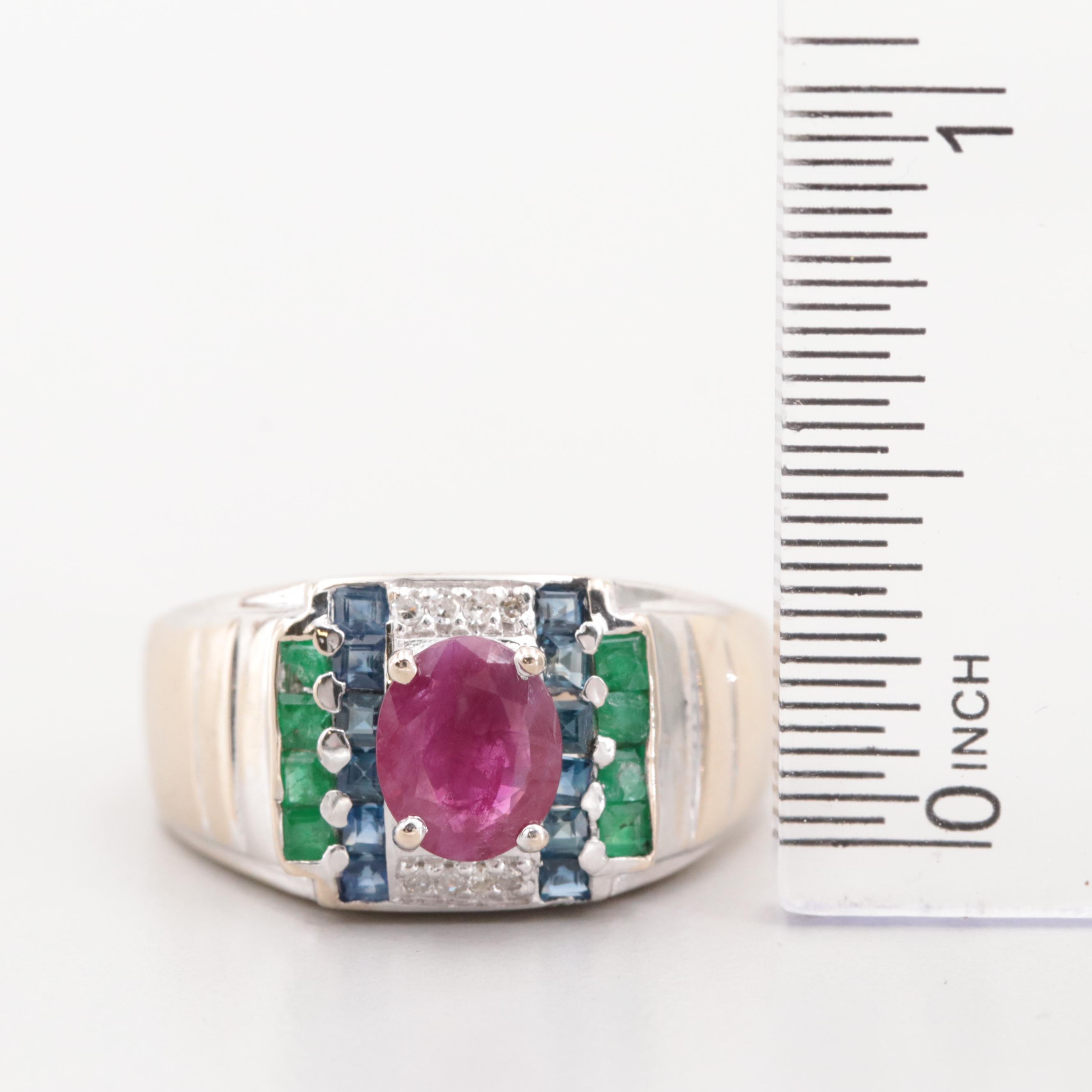18K White Gold Ruby, Sapphire, Emerald and Diamond Ring
