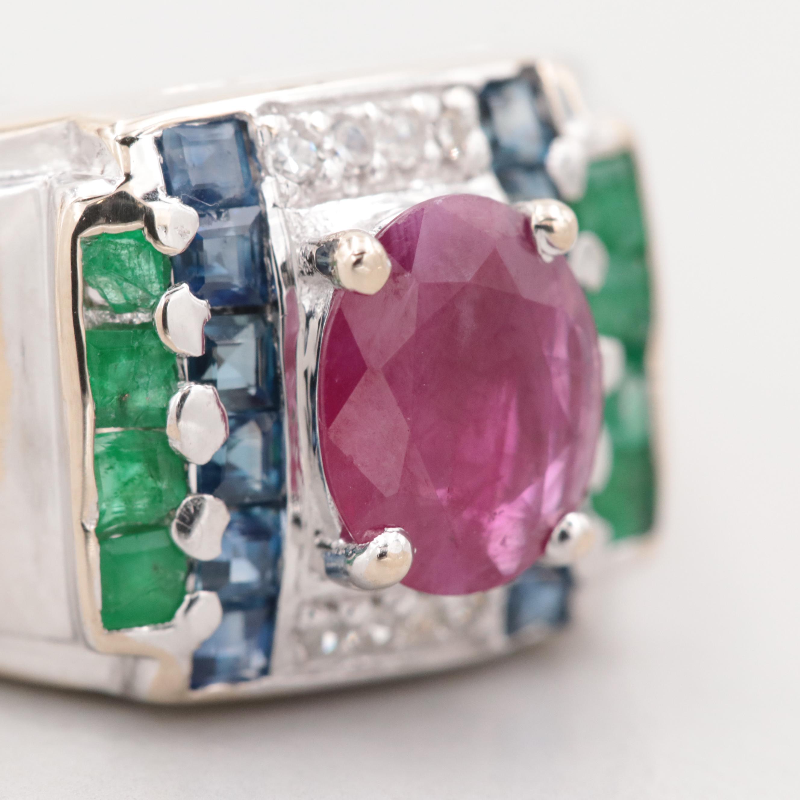 18K White Gold Ruby, Sapphire, Emerald and Diamond Ring