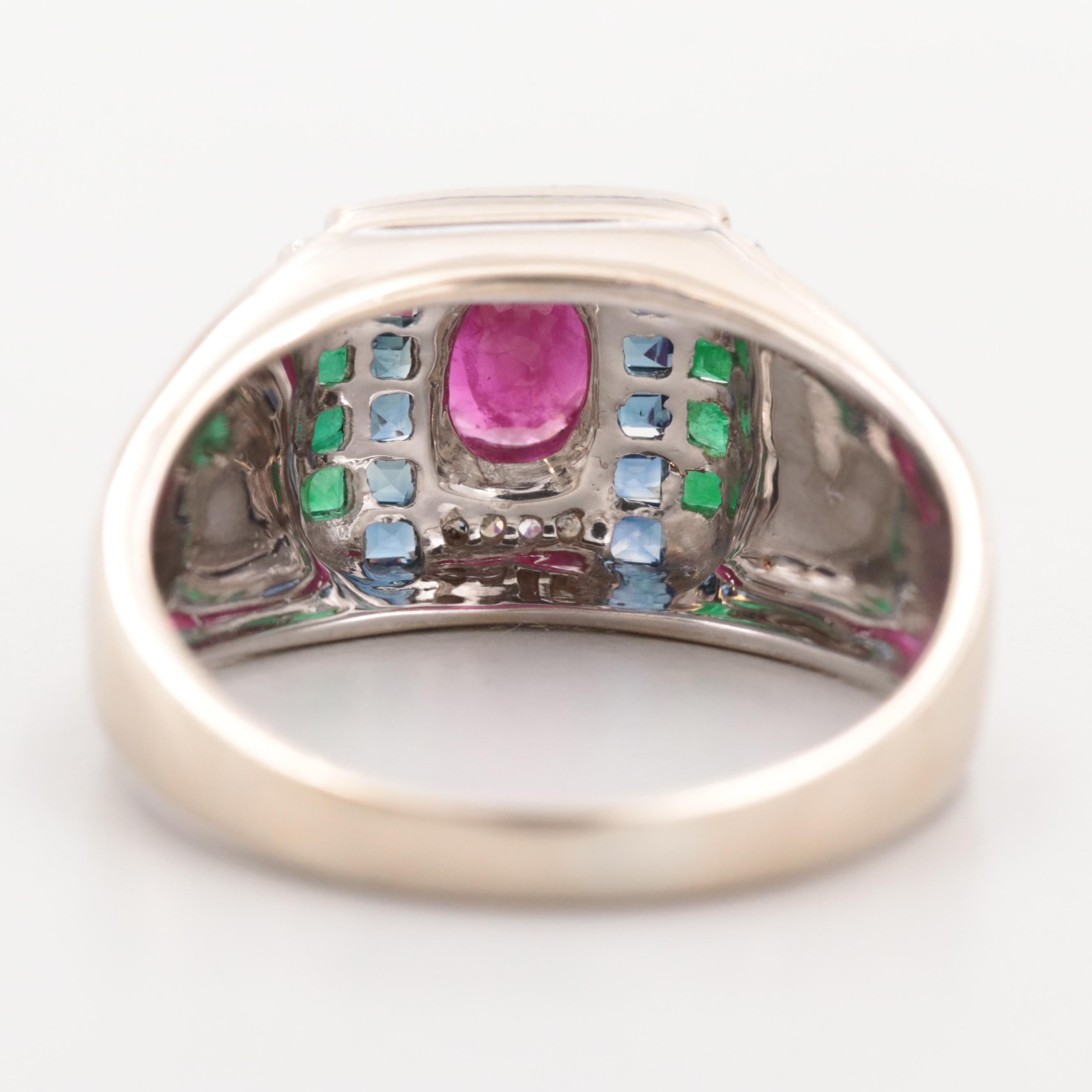 18K White Gold Ruby, Sapphire, Emerald and Diamond Ring