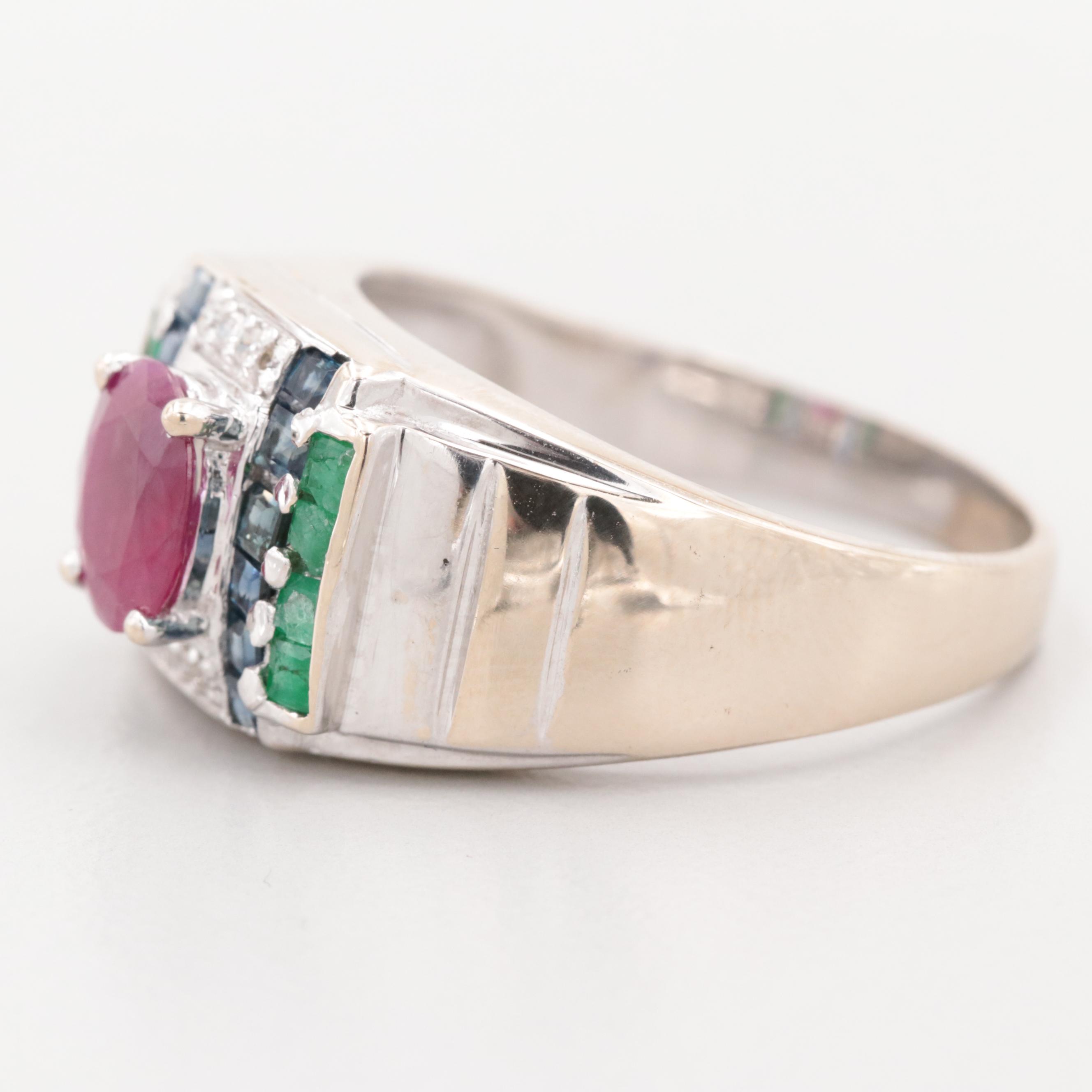 18K White Gold Ruby, Sapphire, Emerald and Diamond Ring