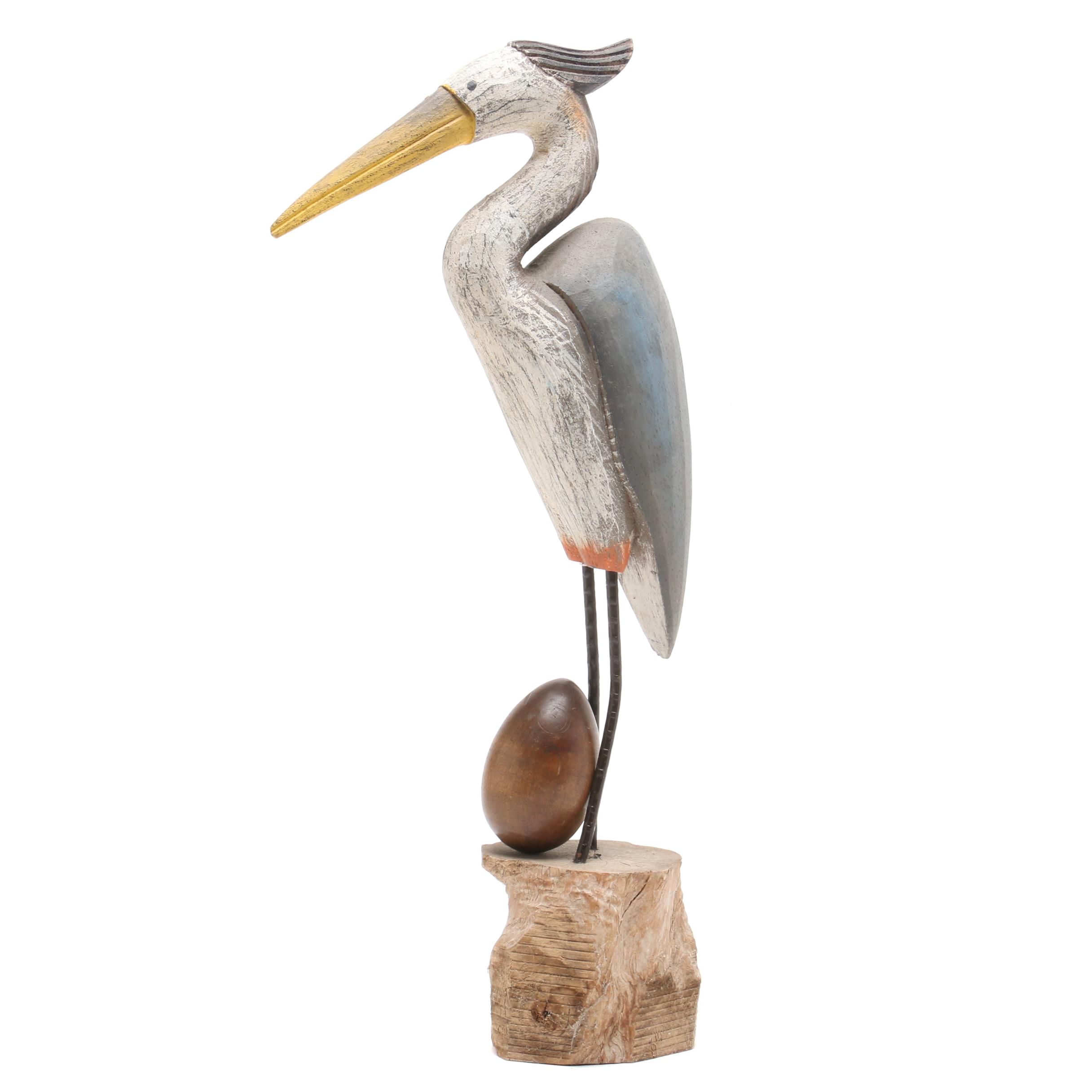 Carved Wood Heron Sculpture