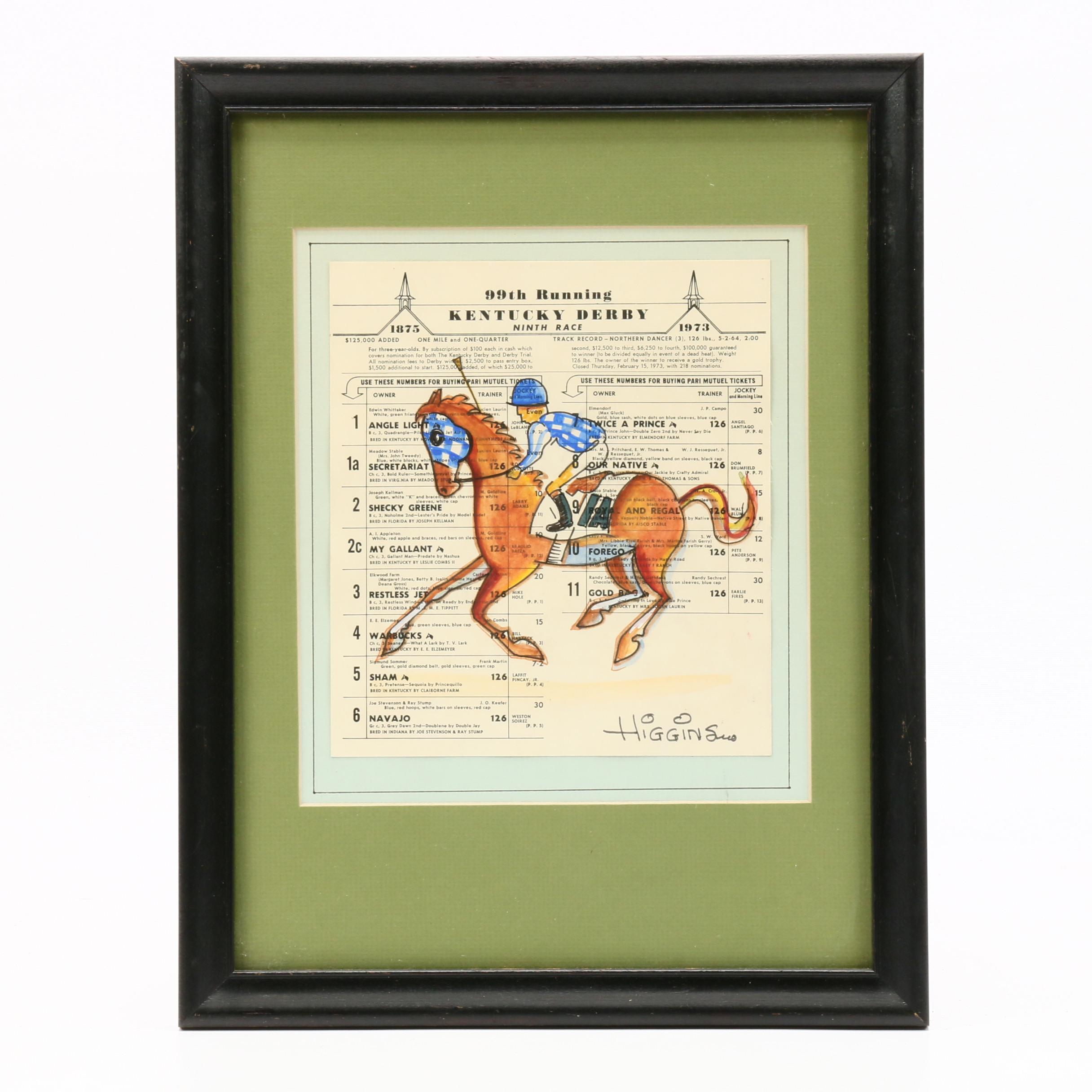 Jon Higgins 1973 Ink and Watercolor Drawing "Secretariat"