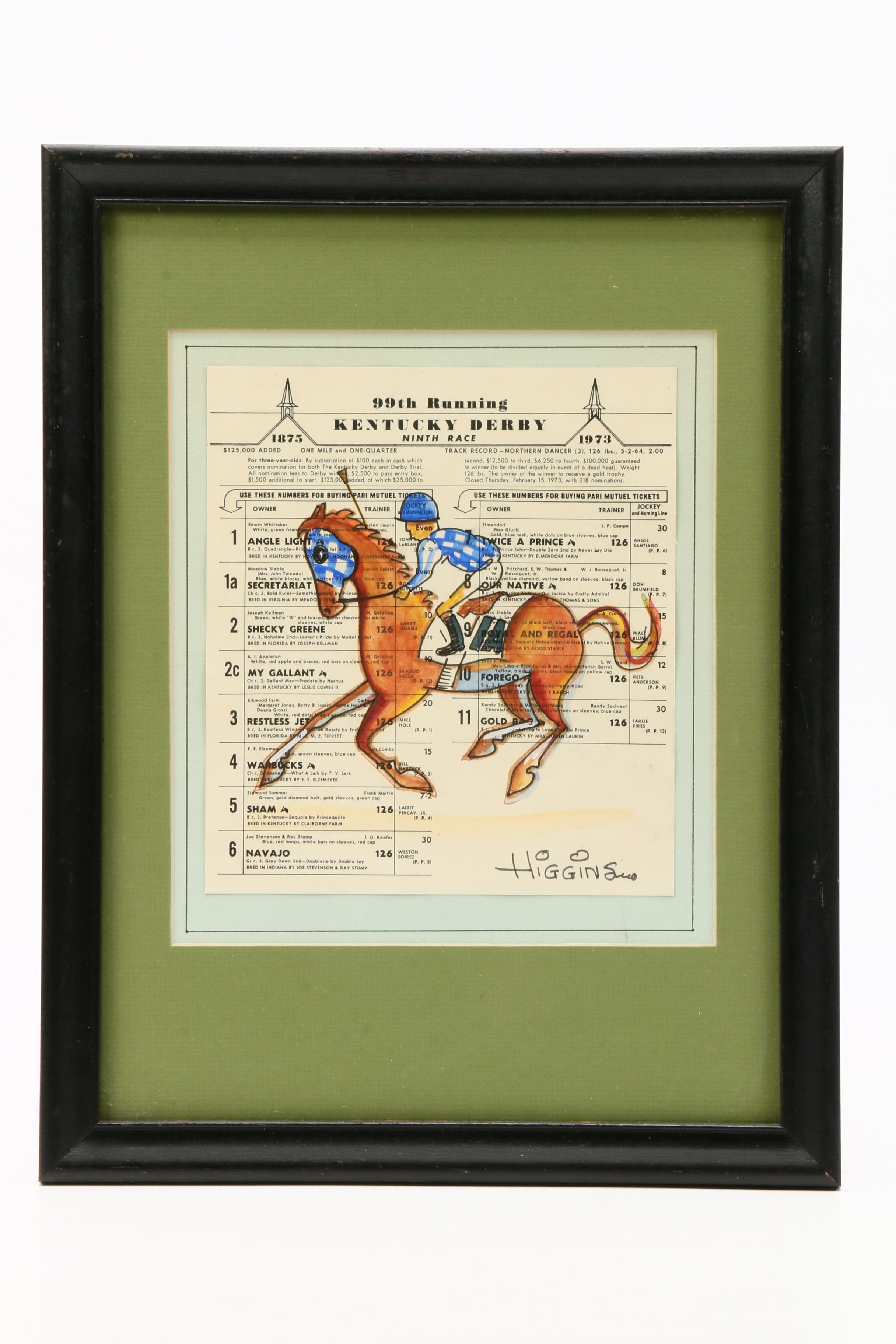 Jon Higgins 1973 Ink and Watercolor Drawing "Secretariat"
