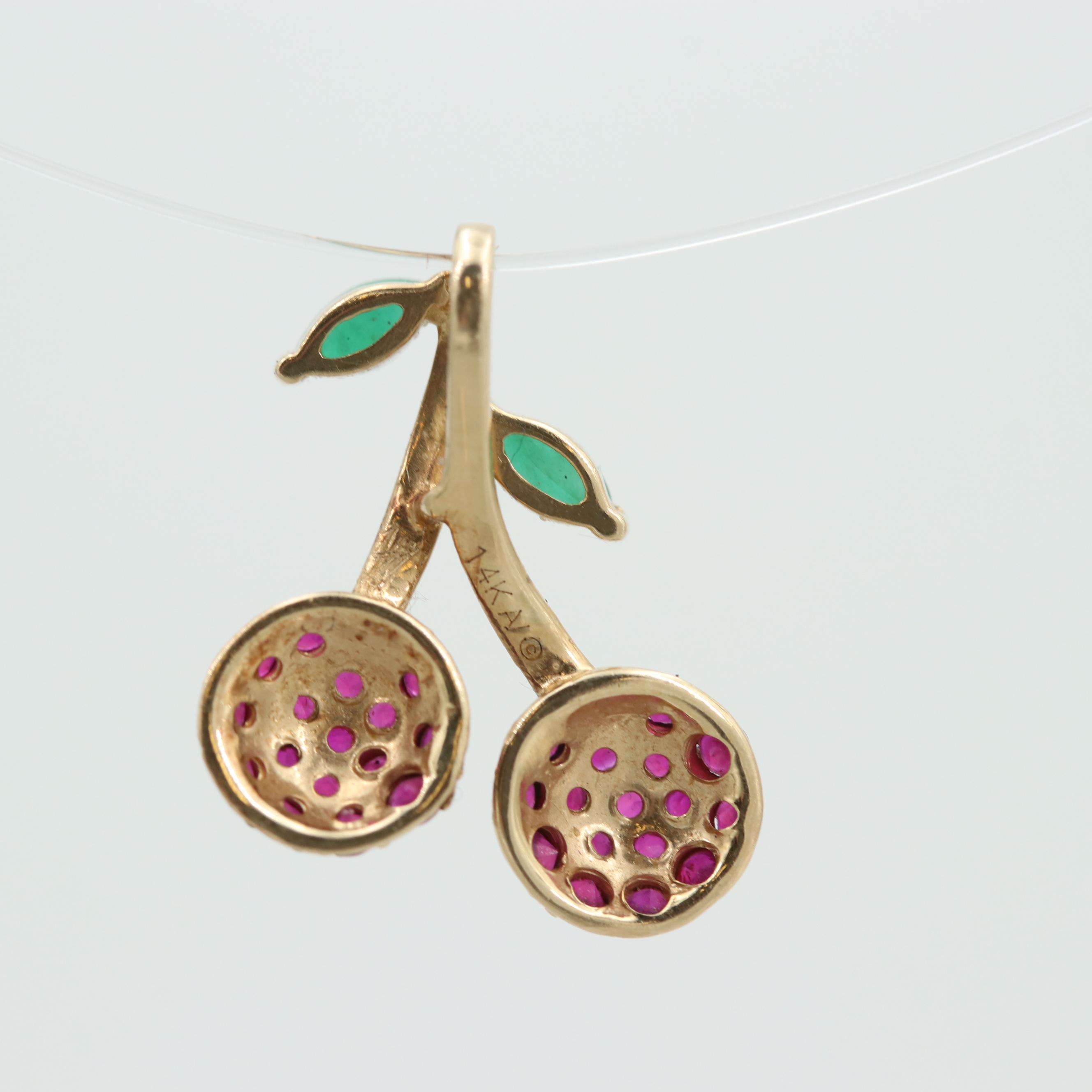 14K Yellow Gold Ruby and Emerald Cherries Pendant