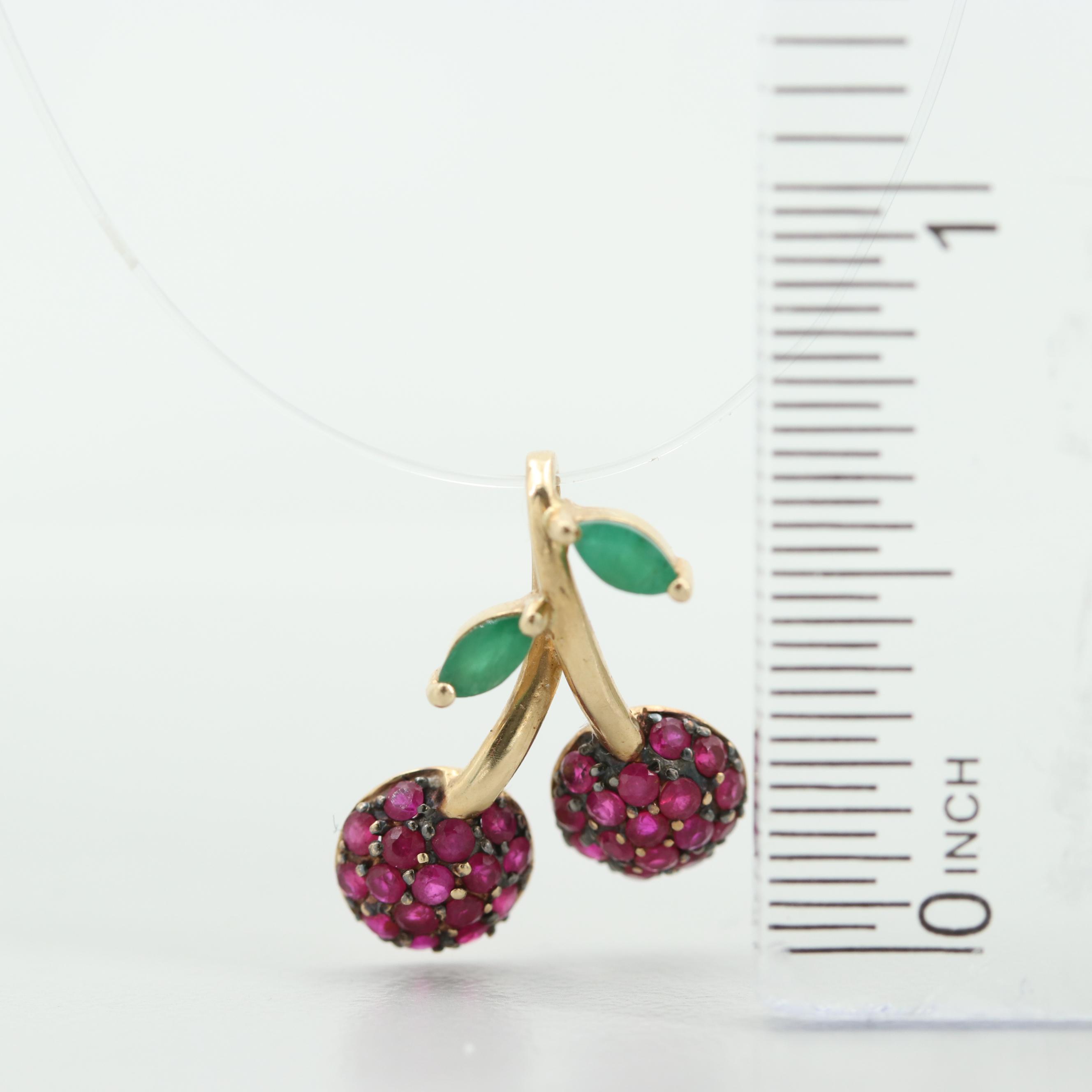 14K Yellow Gold Ruby and Emerald Cherries Pendant
