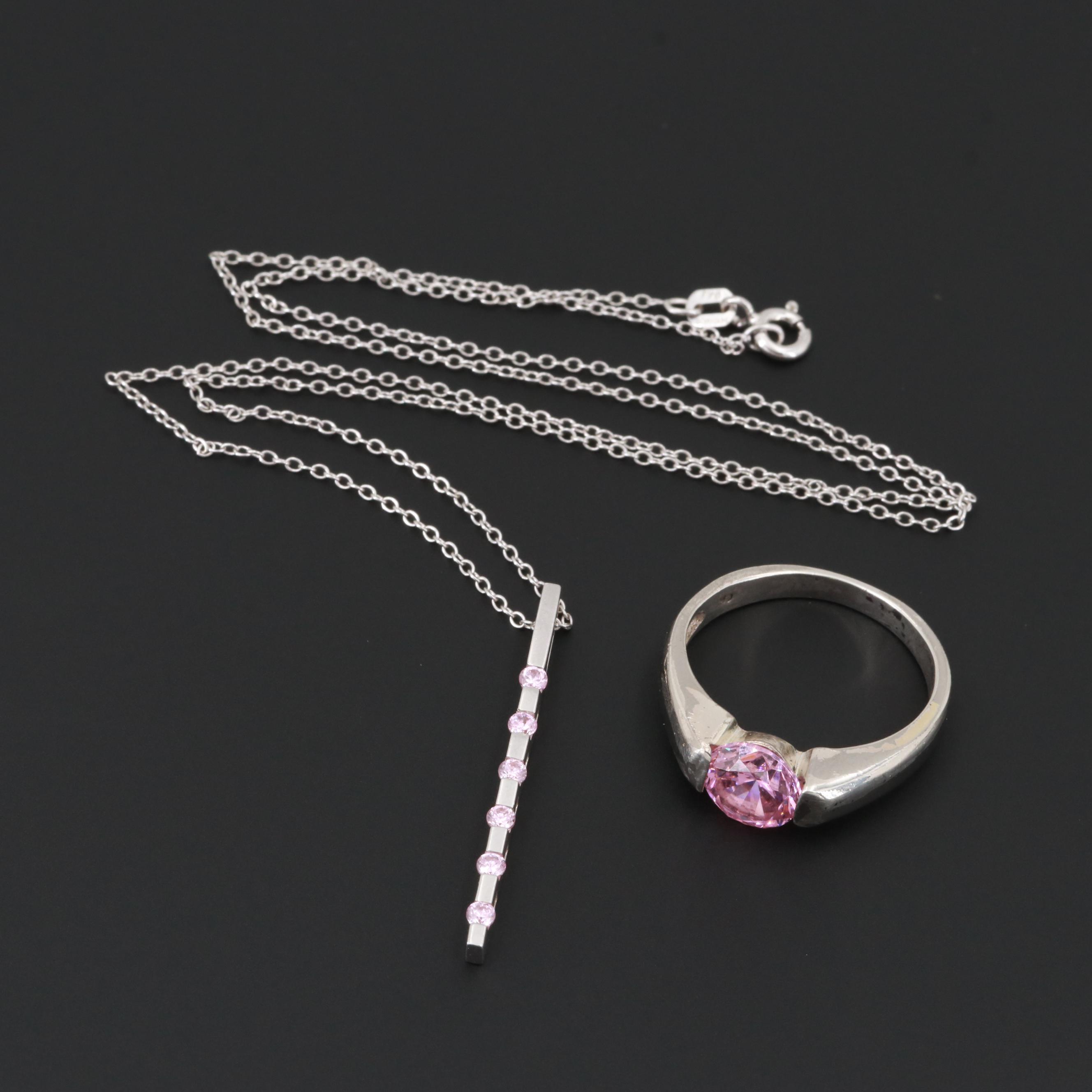 Sterling Silver Pink Cubic Zirconia Necklace and Ring