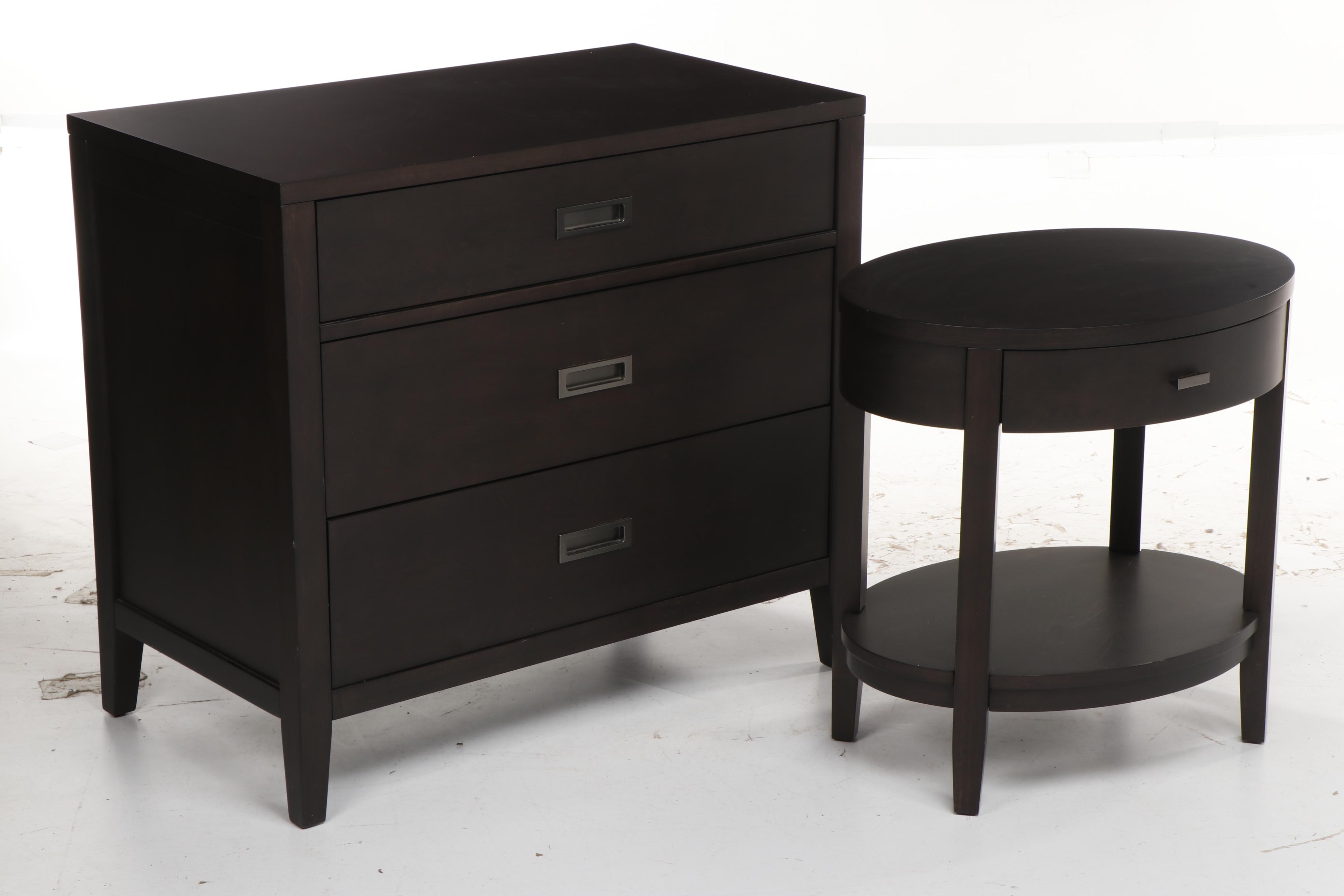 Crate & Barrel Arch Black Dresser, Oval Nightstand & West Elm Mirror