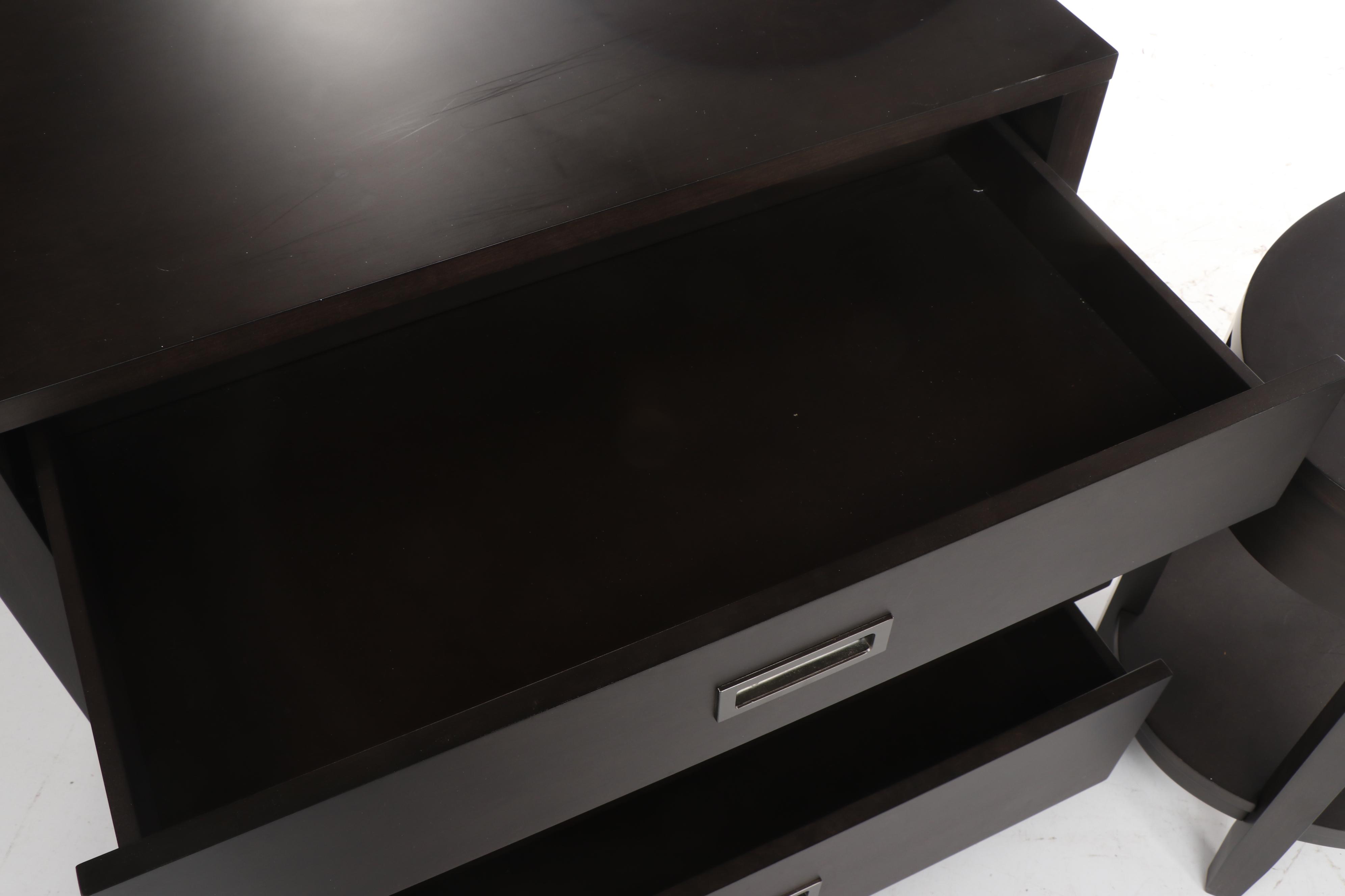 Crate & Barrel Arch Black Dresser, Oval Nightstand & West Elm Mirror