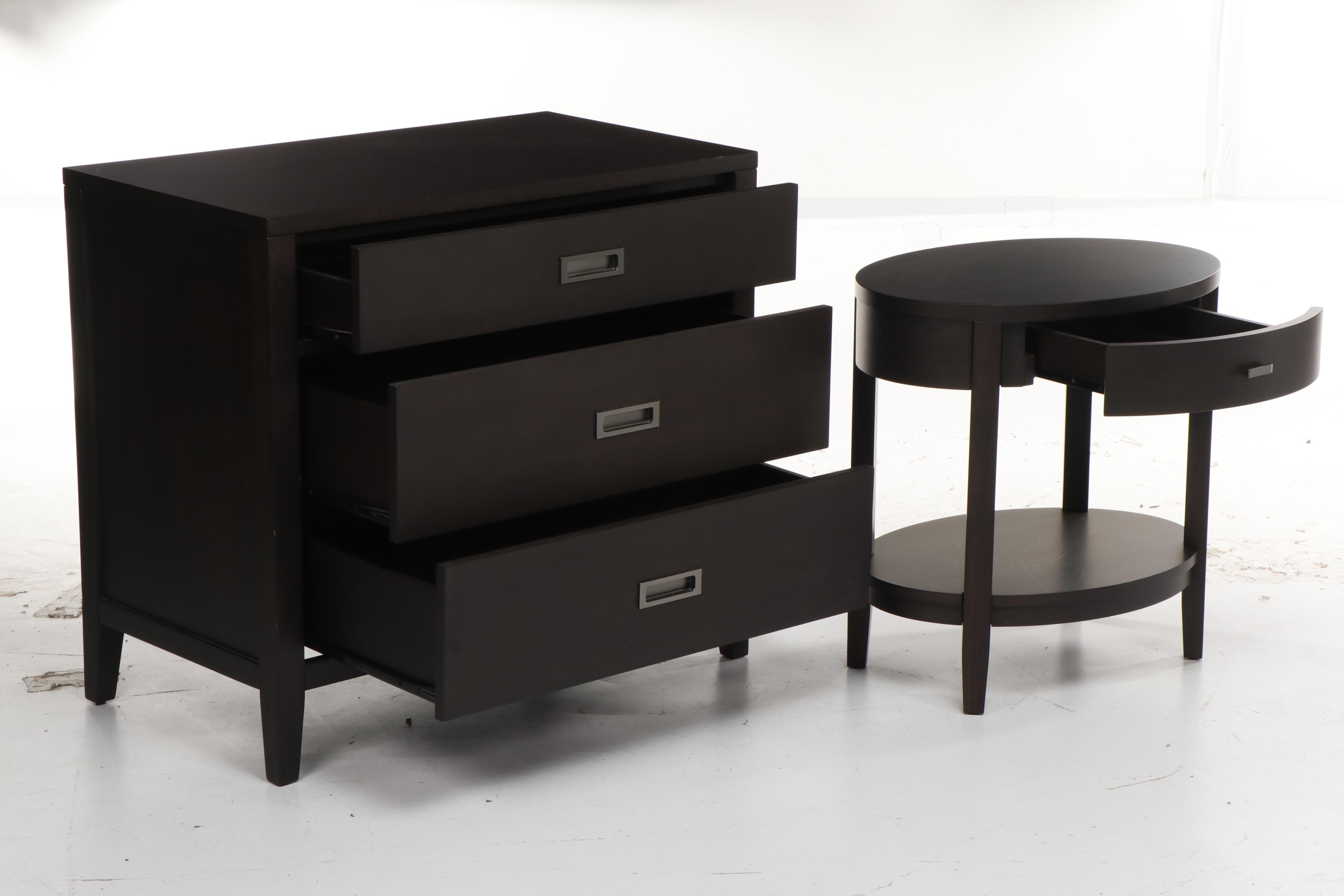 Crate & Barrel Arch Black Dresser, Oval Nightstand & West Elm Mirror