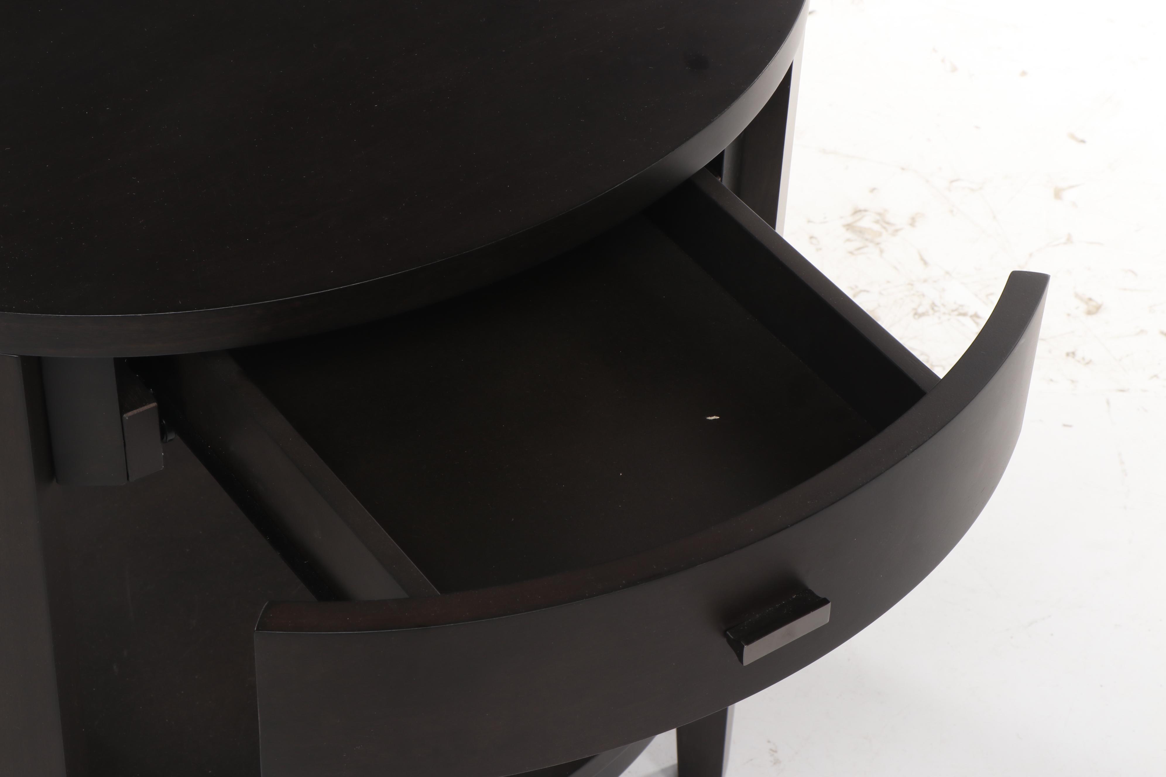 Crate & Barrel Arch Black Dresser, Oval Nightstand & West Elm Mirror