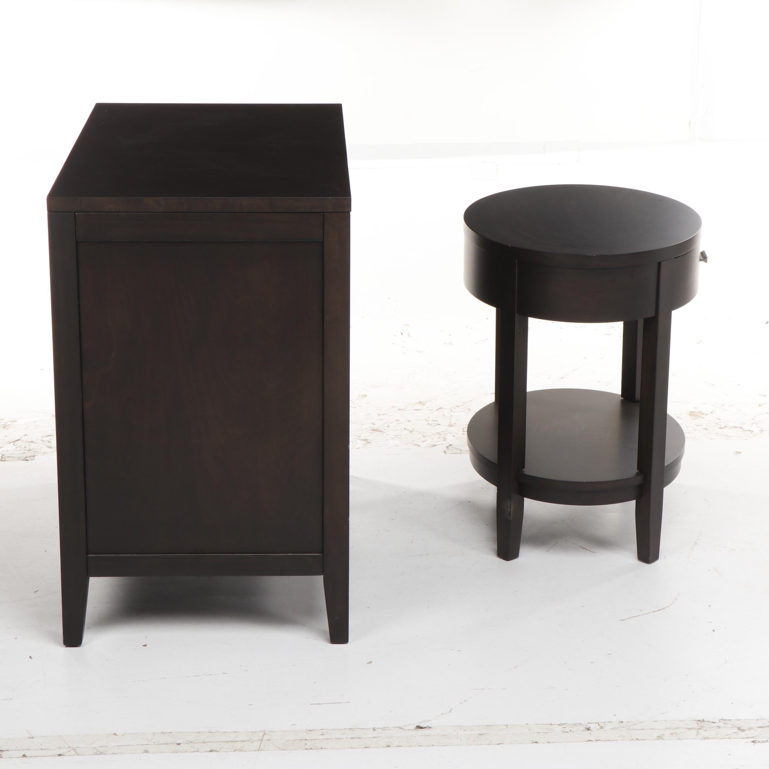 Crate & Barrel Arch Black Dresser, Oval Nightstand & West Elm Mirror