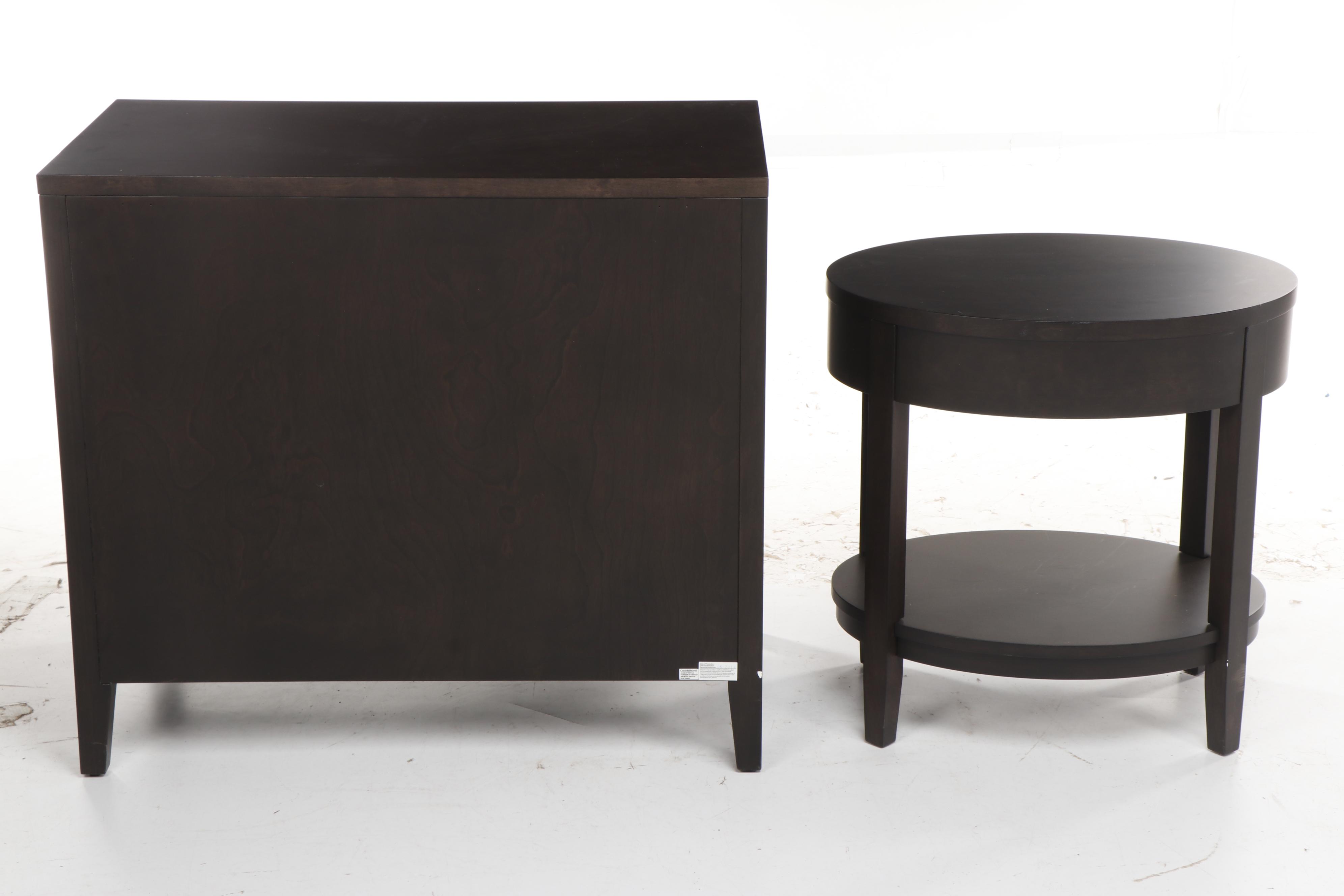 Crate & Barrel Arch Black Dresser, Oval Nightstand & West Elm Mirror