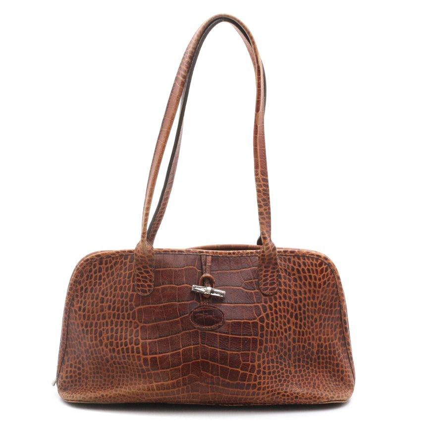 Longchamp Roseau Crocodile Embossed Leather Shoulder Bag