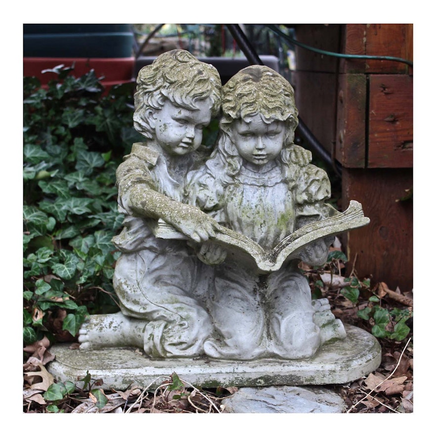 Concrete Garden Sculpture of Children Reading