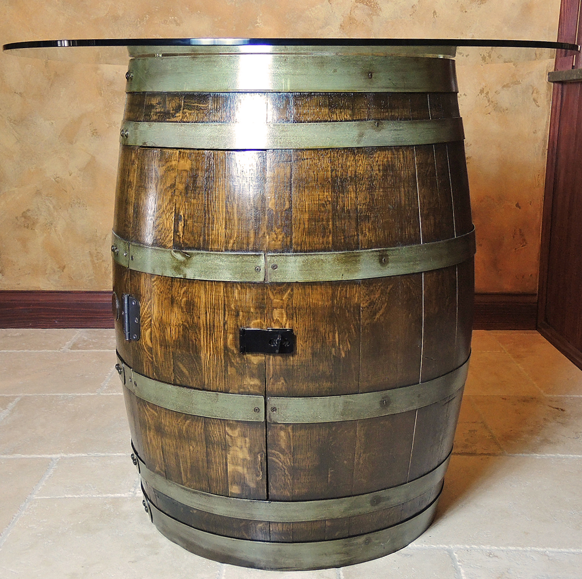 World Cooperage Cargo Wine Barrel Glass Top Table With Storage
