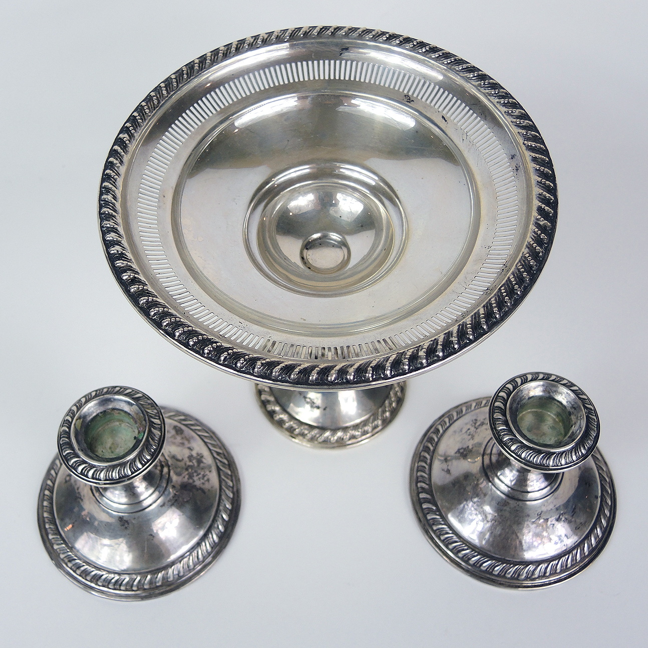 Sterling Silver Weighted Rogers Bros Compote and Candlesticks
