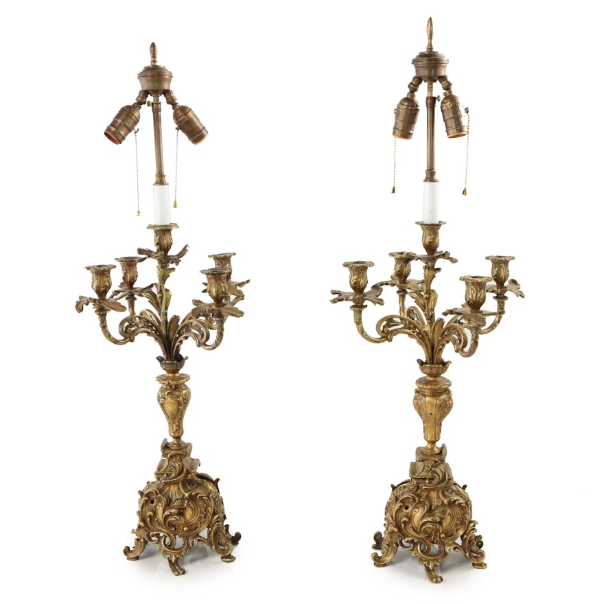 Pair of Converted Baroque Style Brass Candelabra Table Lamps