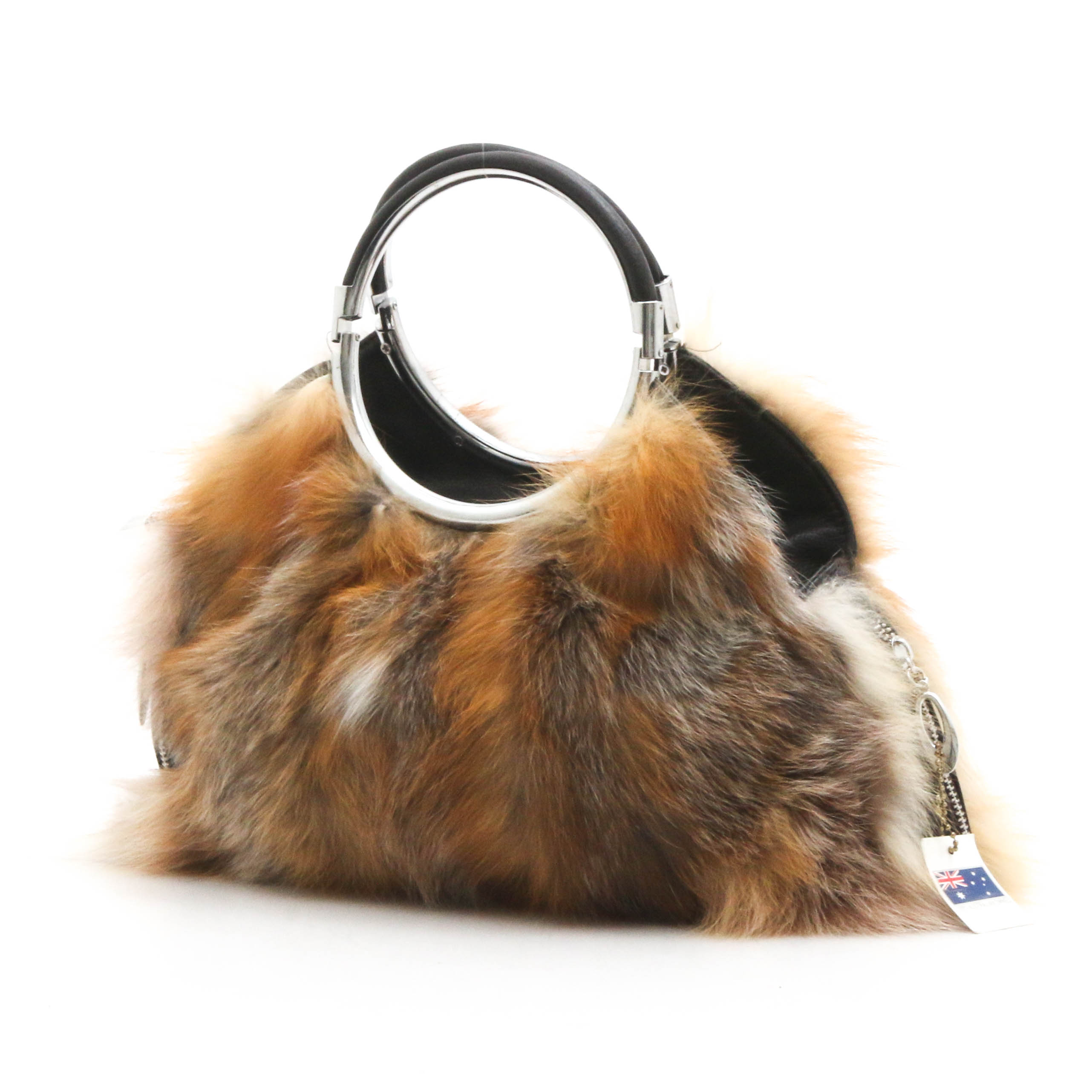UGG Classic Oz Australia Fox Fur and Black Grained Leather Ring-Handle Handbag