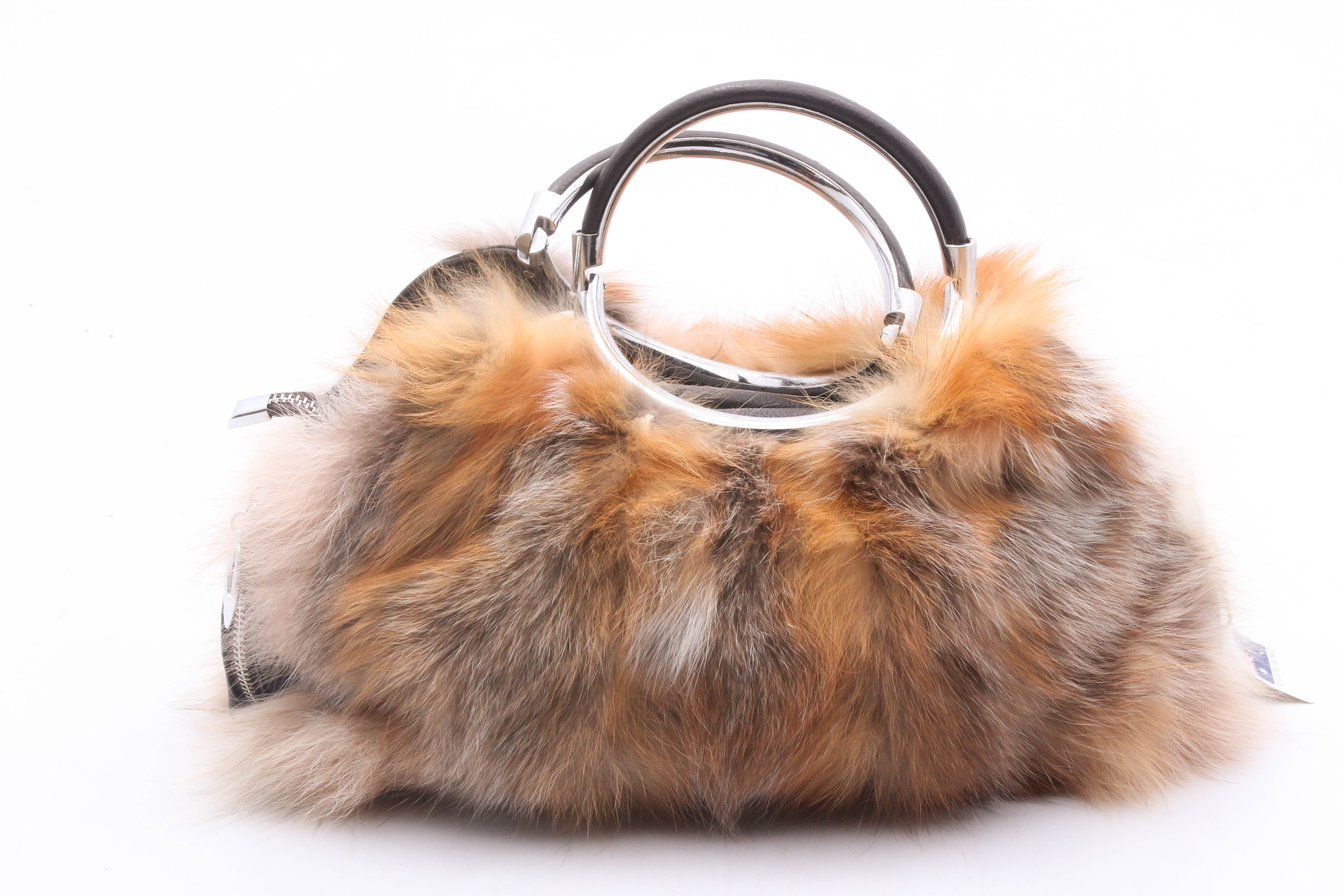UGG Classic Oz Australia Fox Fur and Black Grained Leather Ring-Handle Handbag