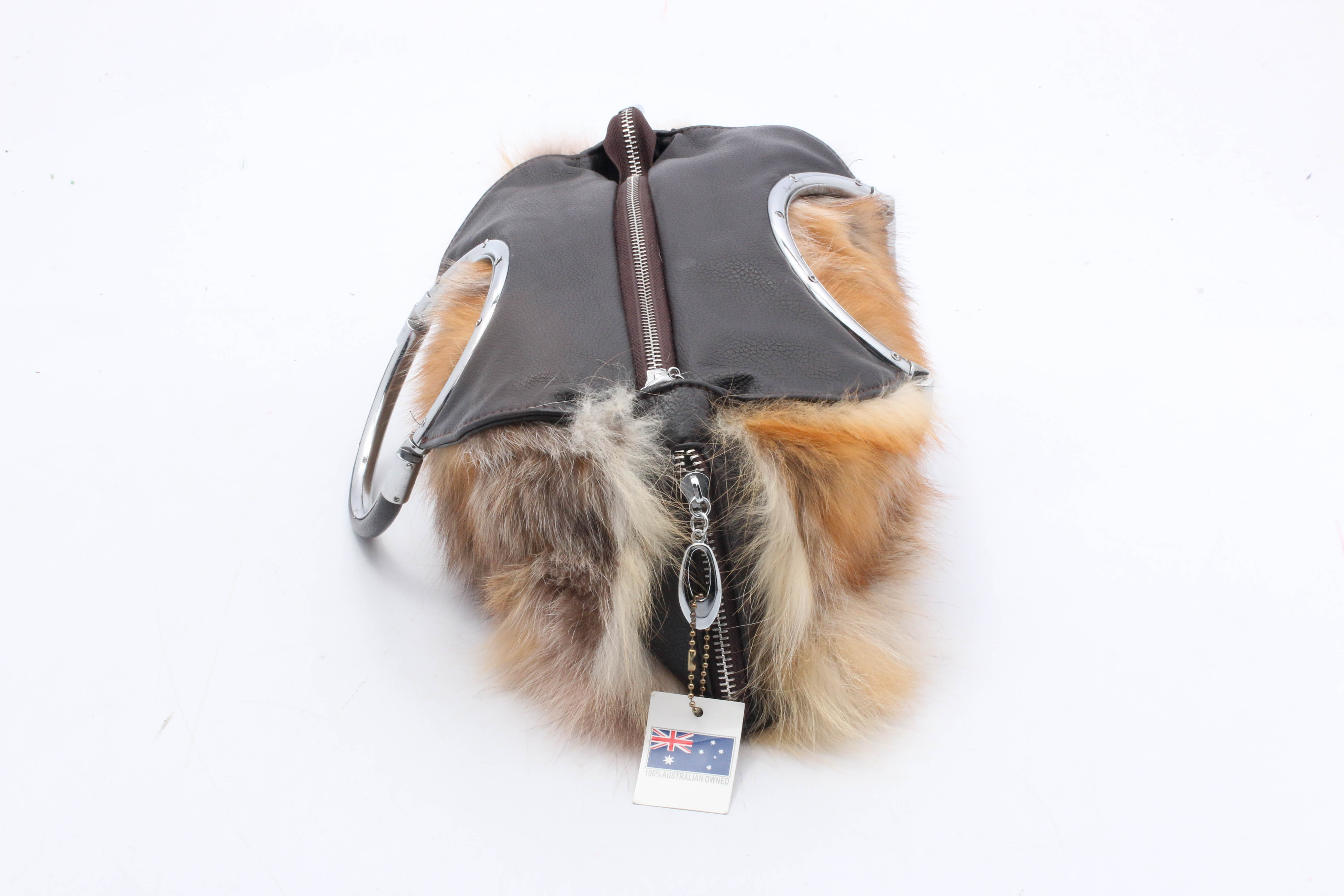 UGG Classic Oz Australia Fox Fur and Black Grained Leather Ring-Handle Handbag