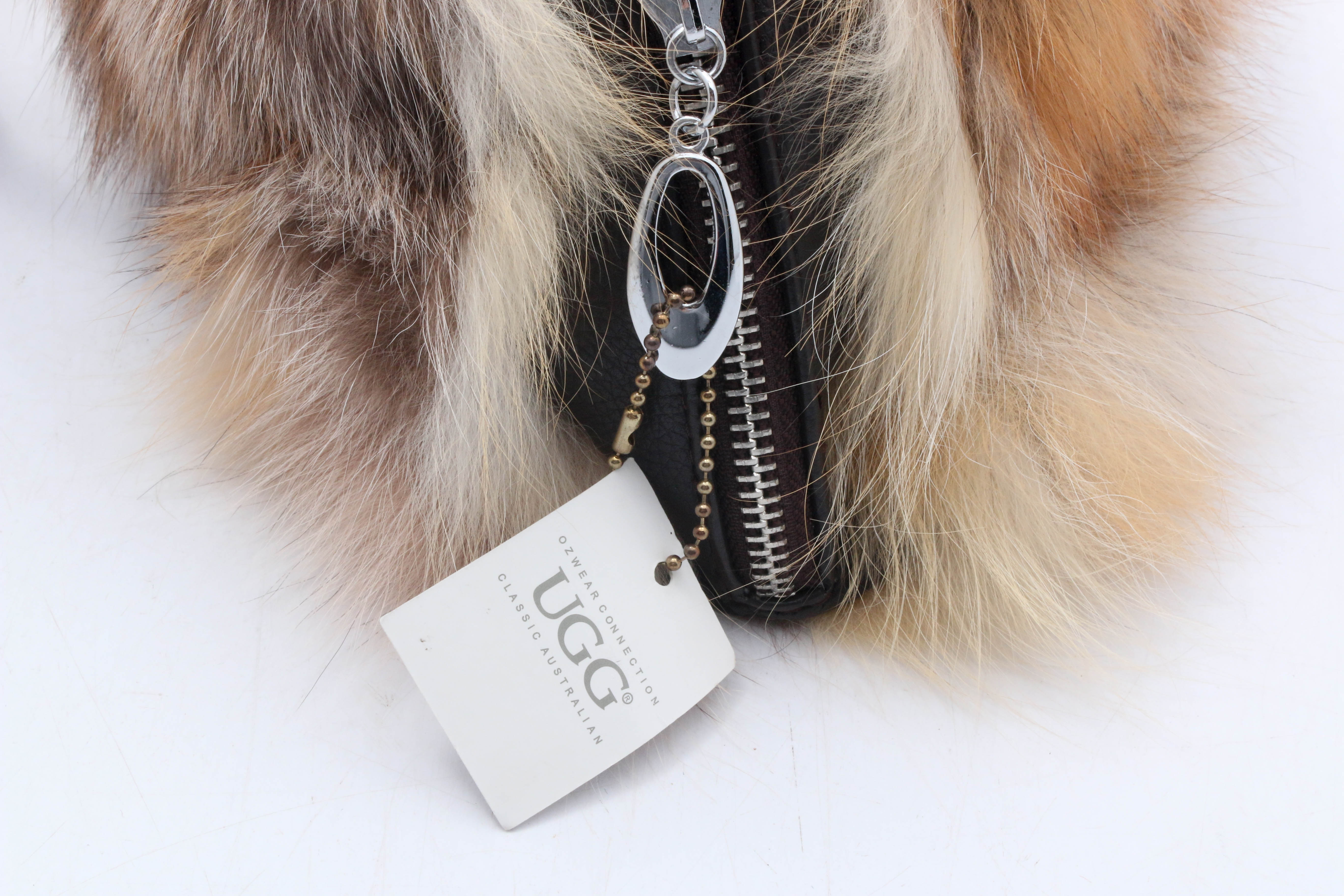UGG Classic Oz Australia Fox Fur and Black Grained Leather Ring-Handle Handbag