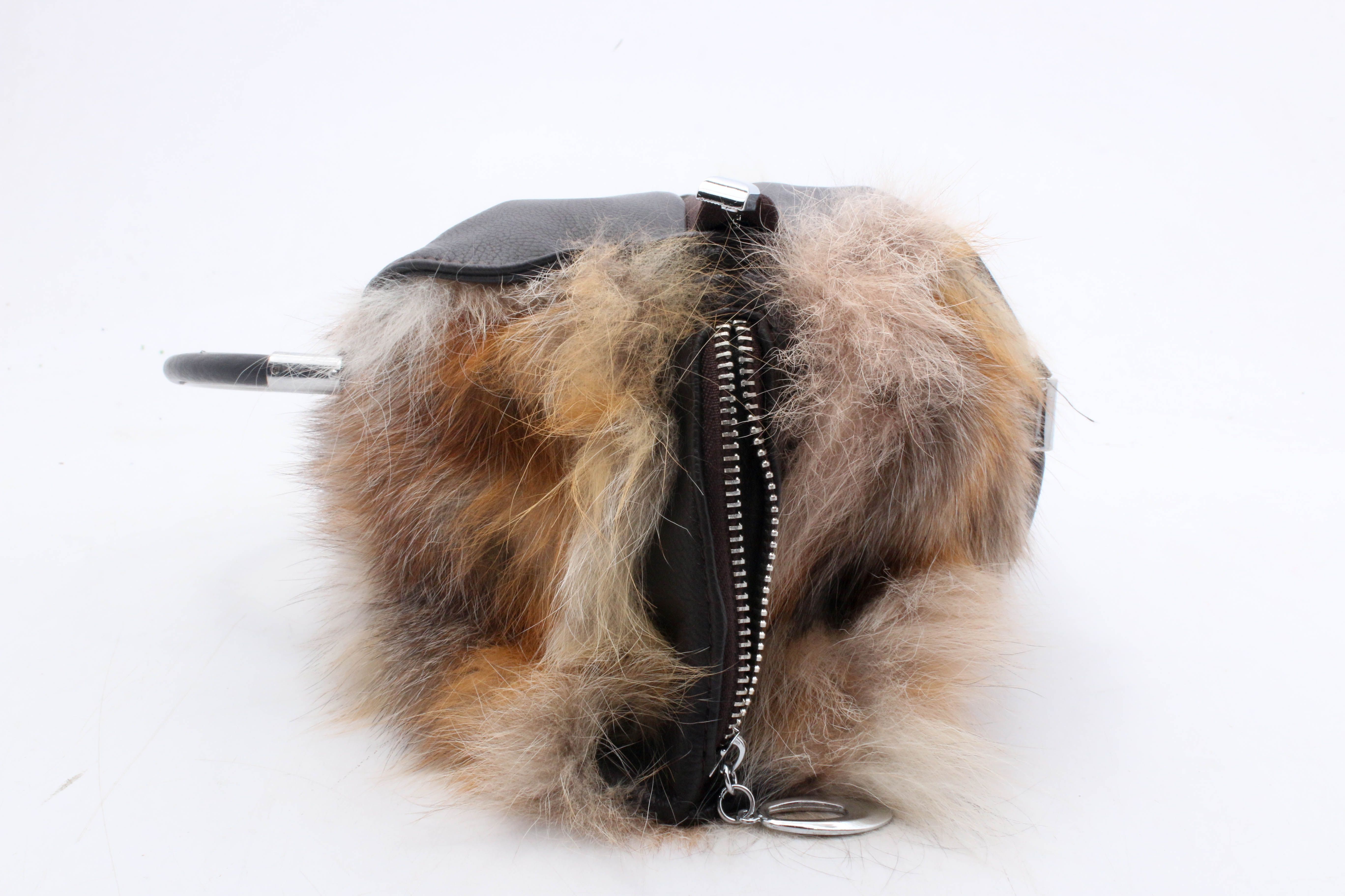 UGG Classic Oz Australia Fox Fur and Black Grained Leather Ring-Handle Handbag