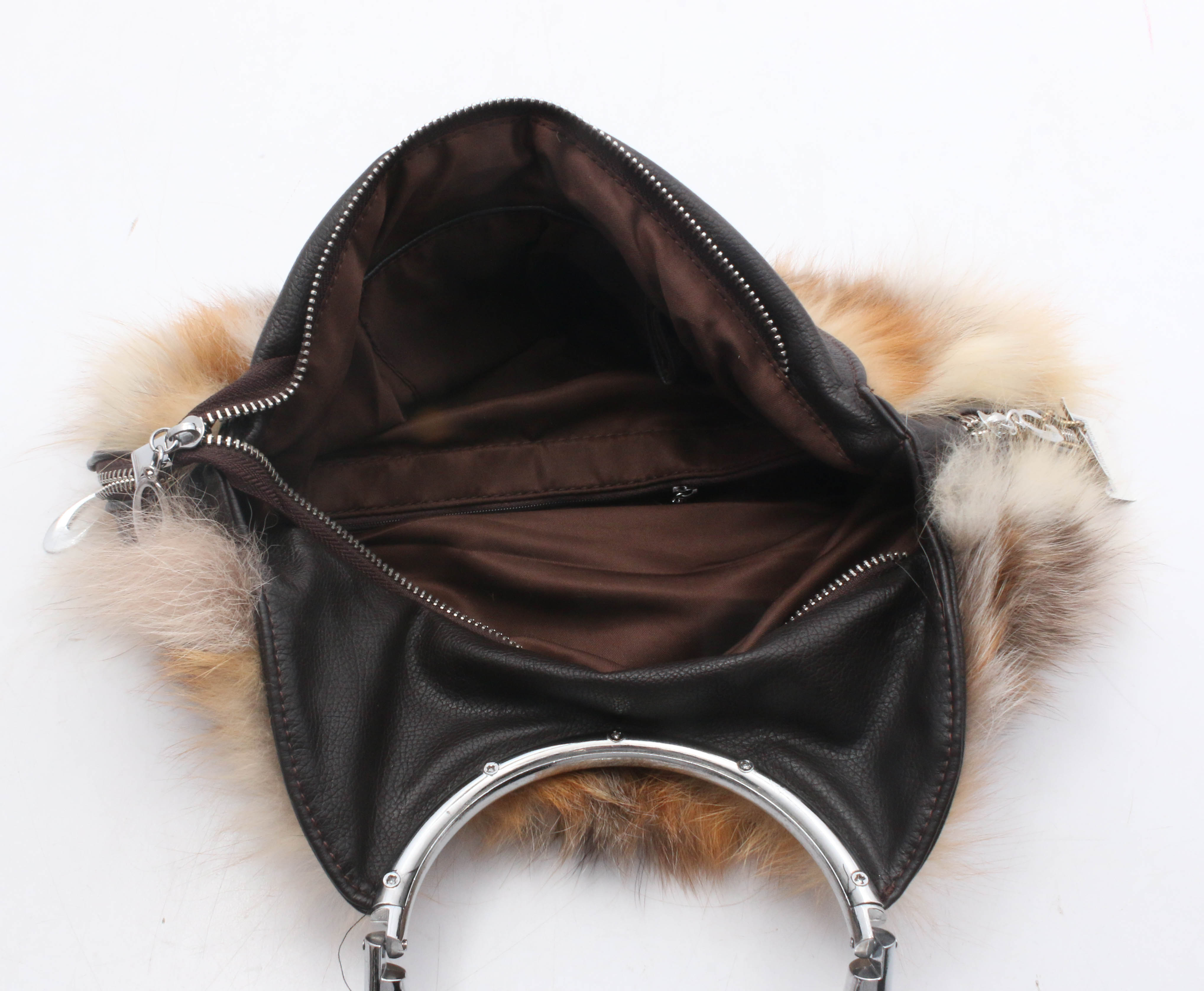 UGG Classic Oz Australia Fox Fur and Black Grained Leather Ring-Handle Handbag