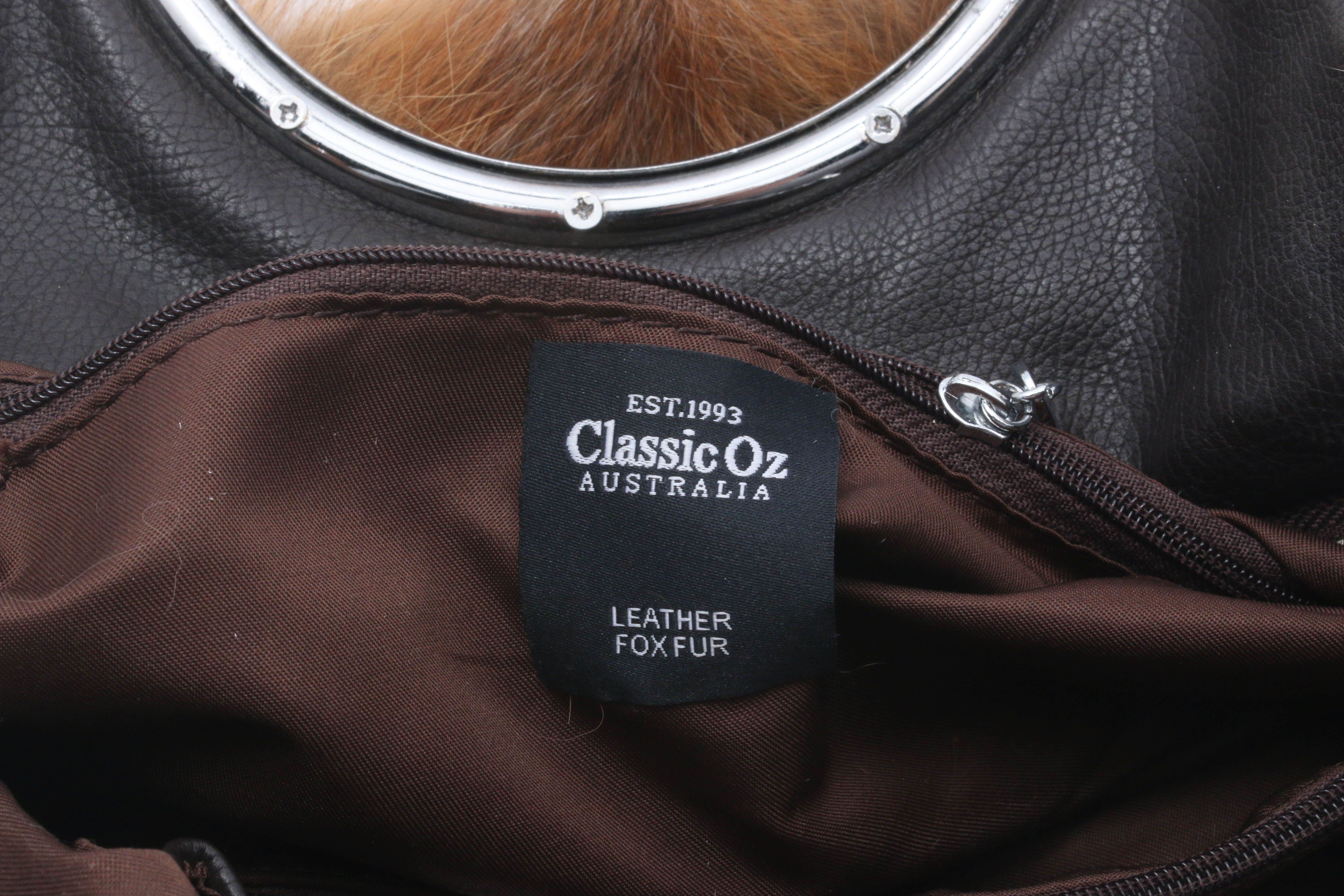 UGG Classic Oz Australia Fox Fur and Black Grained Leather Ring-Handle Handbag