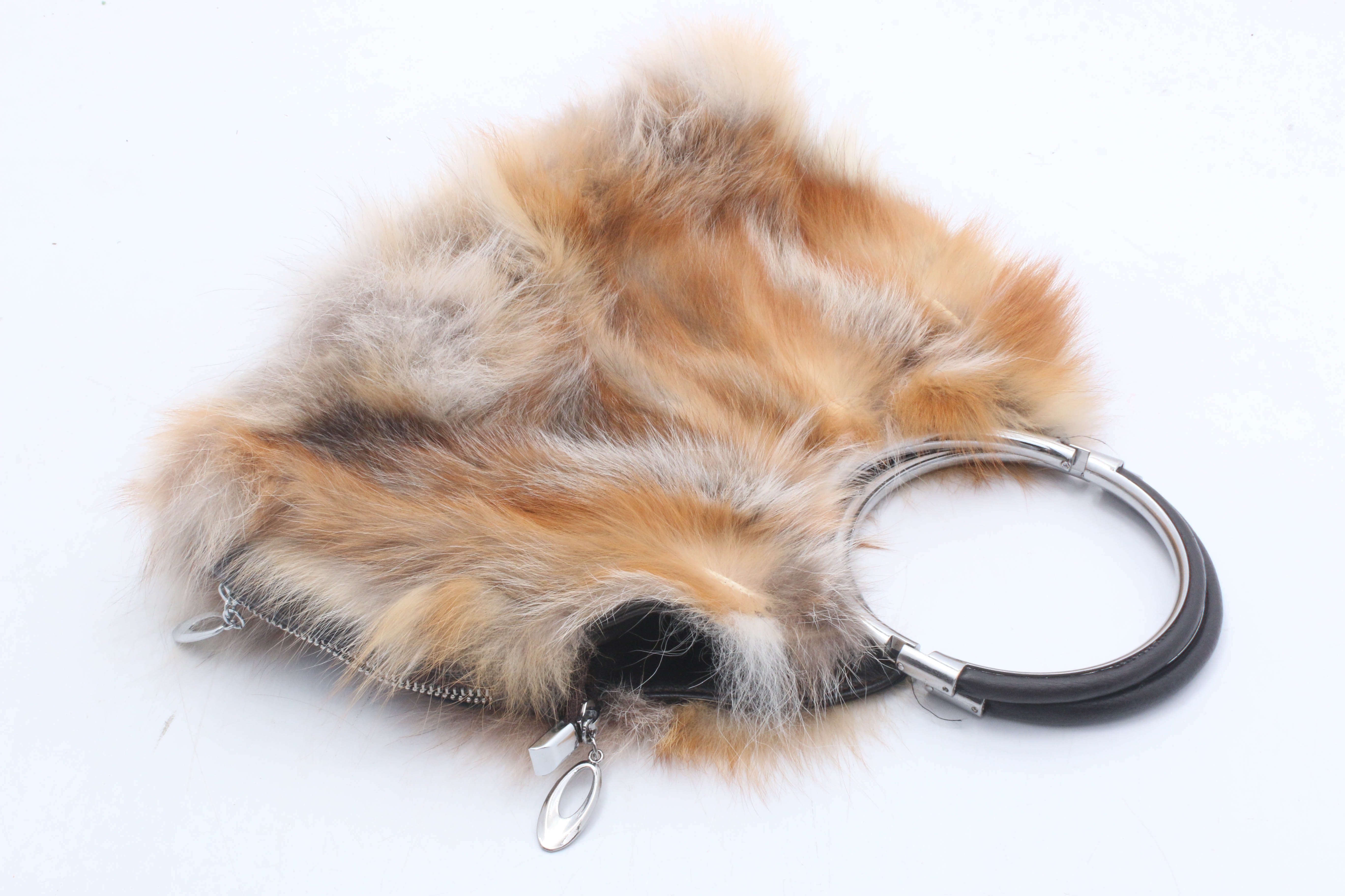 UGG Classic Oz Australia Fox Fur and Black Grained Leather Ring-Handle Handbag
