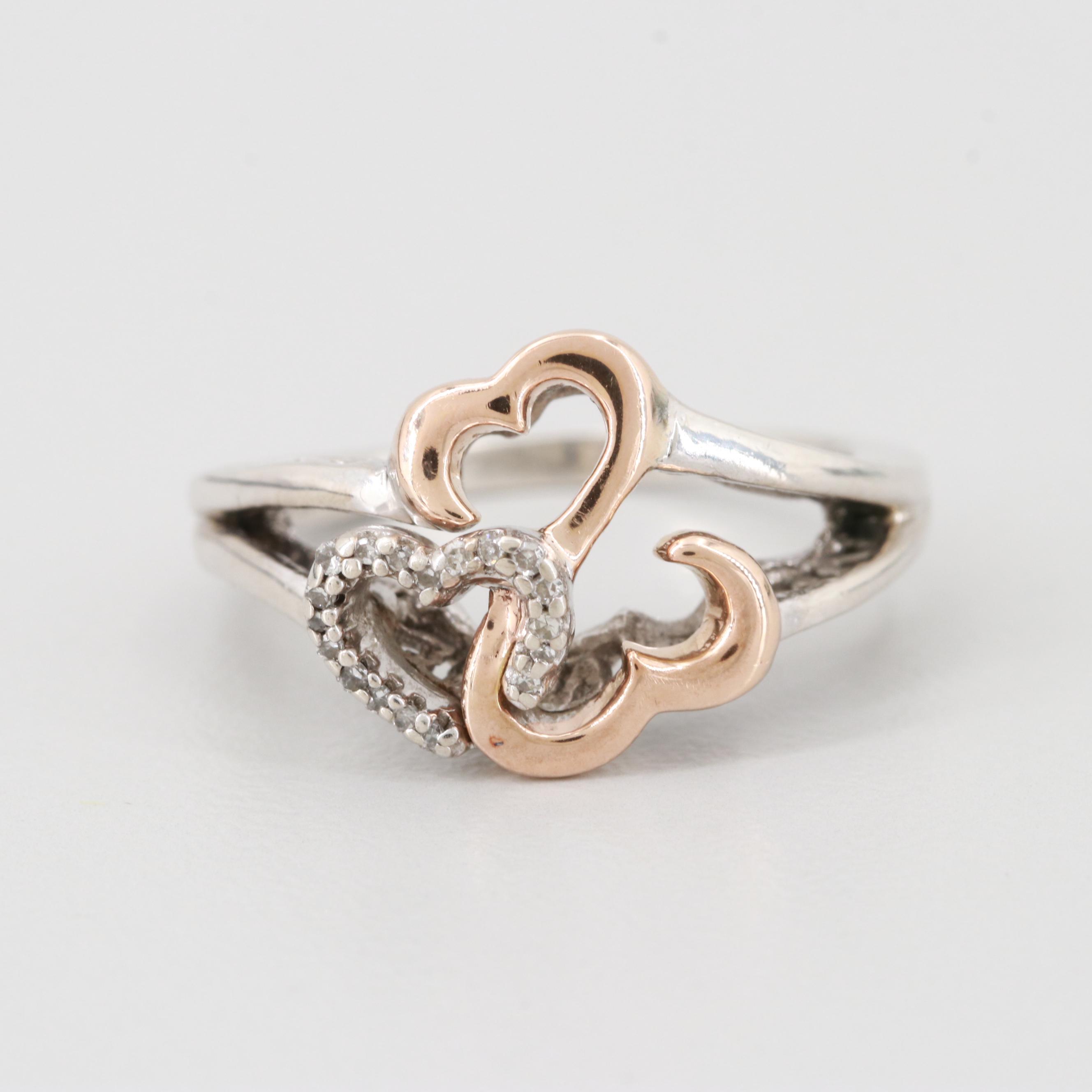 Jane Seymour Sterling Diamond "Open Heart" Ring with 14K Rose Gold Accents