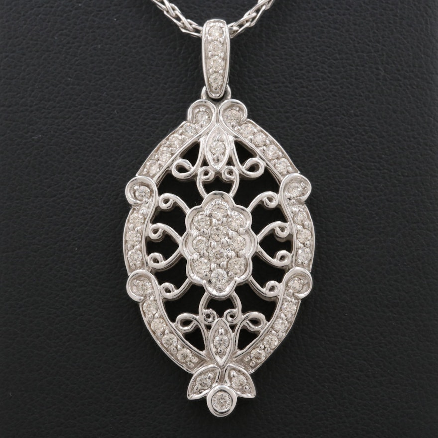 14K White Gold Diamond Openwork Pendant Necklace