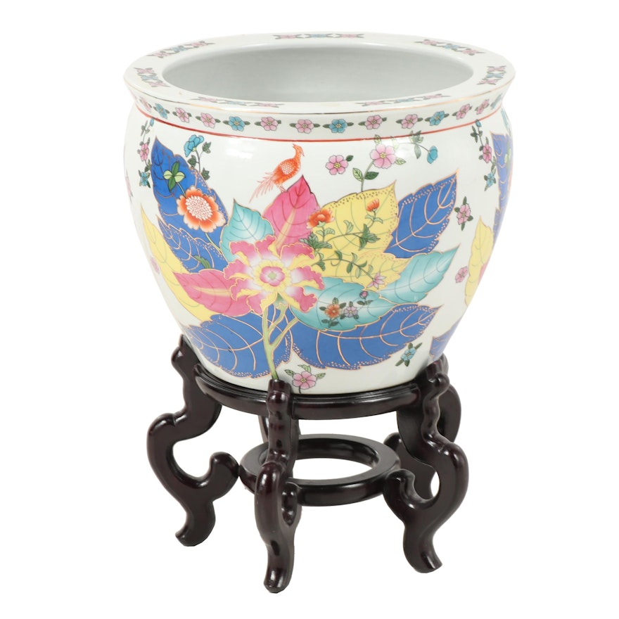 Chinese "Tobacco Leaf" Ceramic Fishbowl Planter with Stand