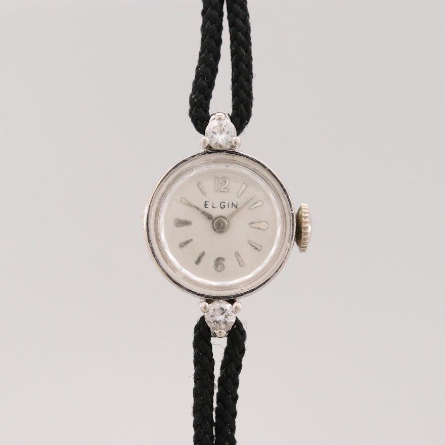 Vintage Elgin 14K White Gold Stem Wind Wristwatch With Diamond Lugs