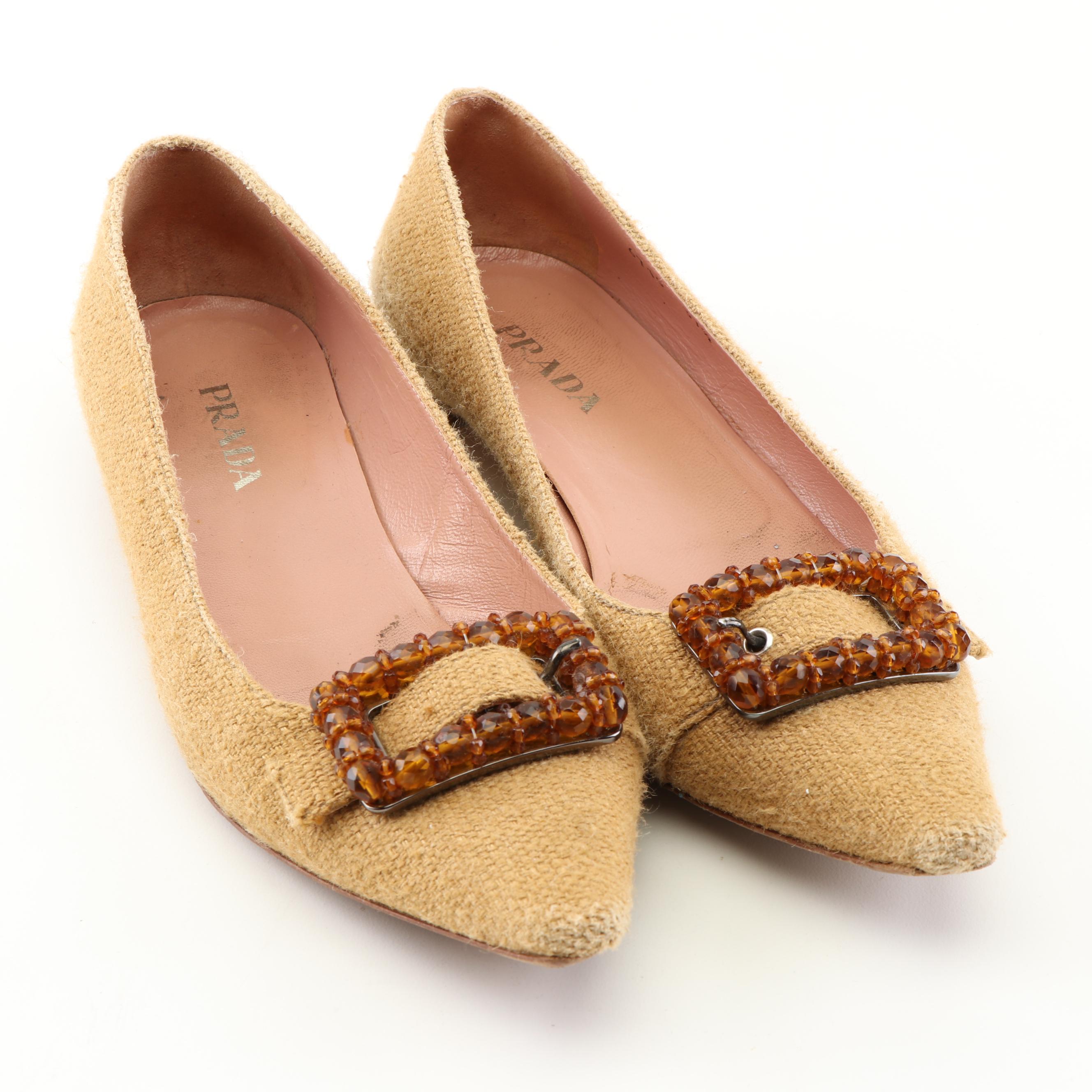 Prada Brown Suede and Link Pumps and Prada Camel Linen Flats with Beaded Buckle