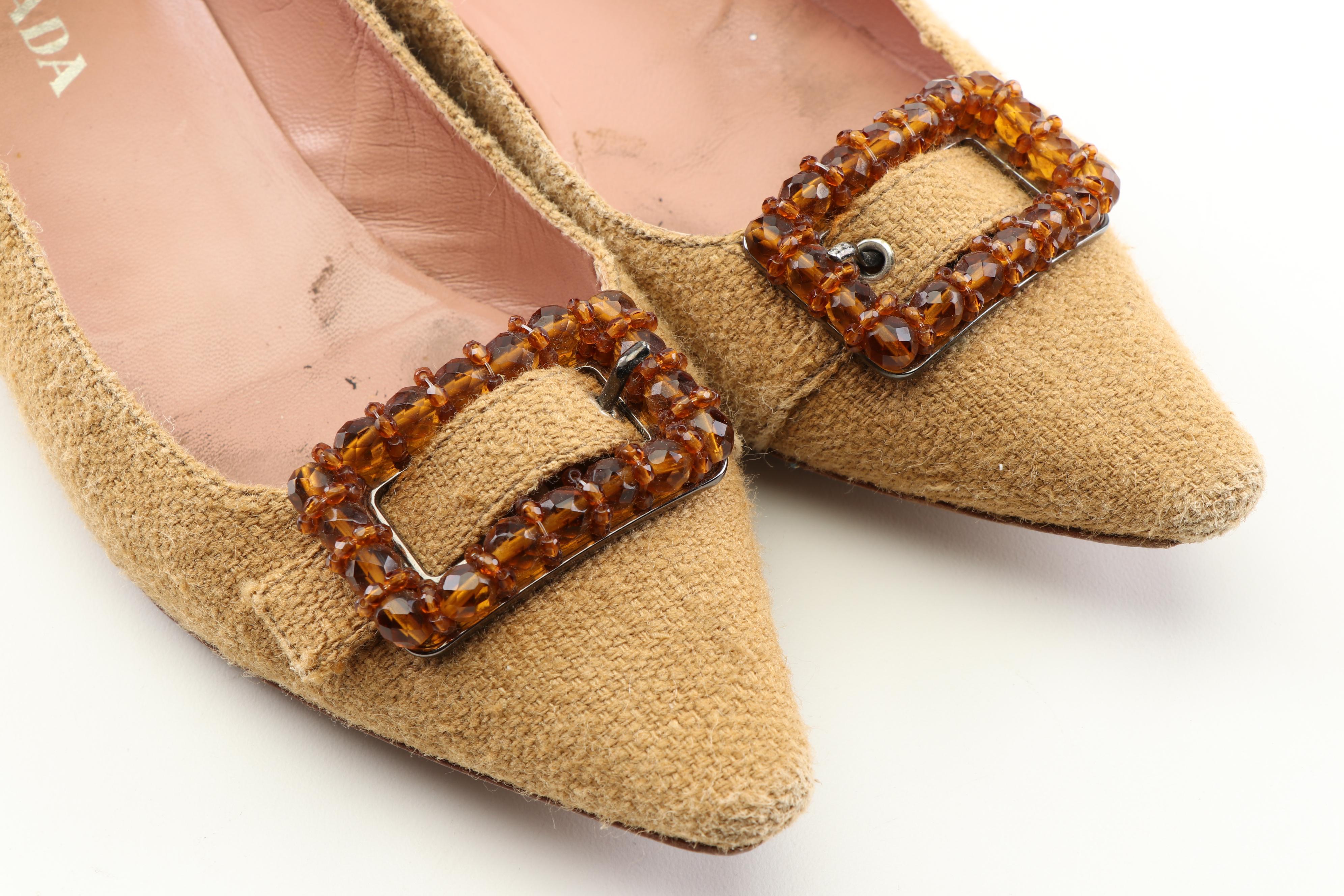 Prada Brown Suede and Link Pumps and Prada Camel Linen Flats with Beaded Buckle