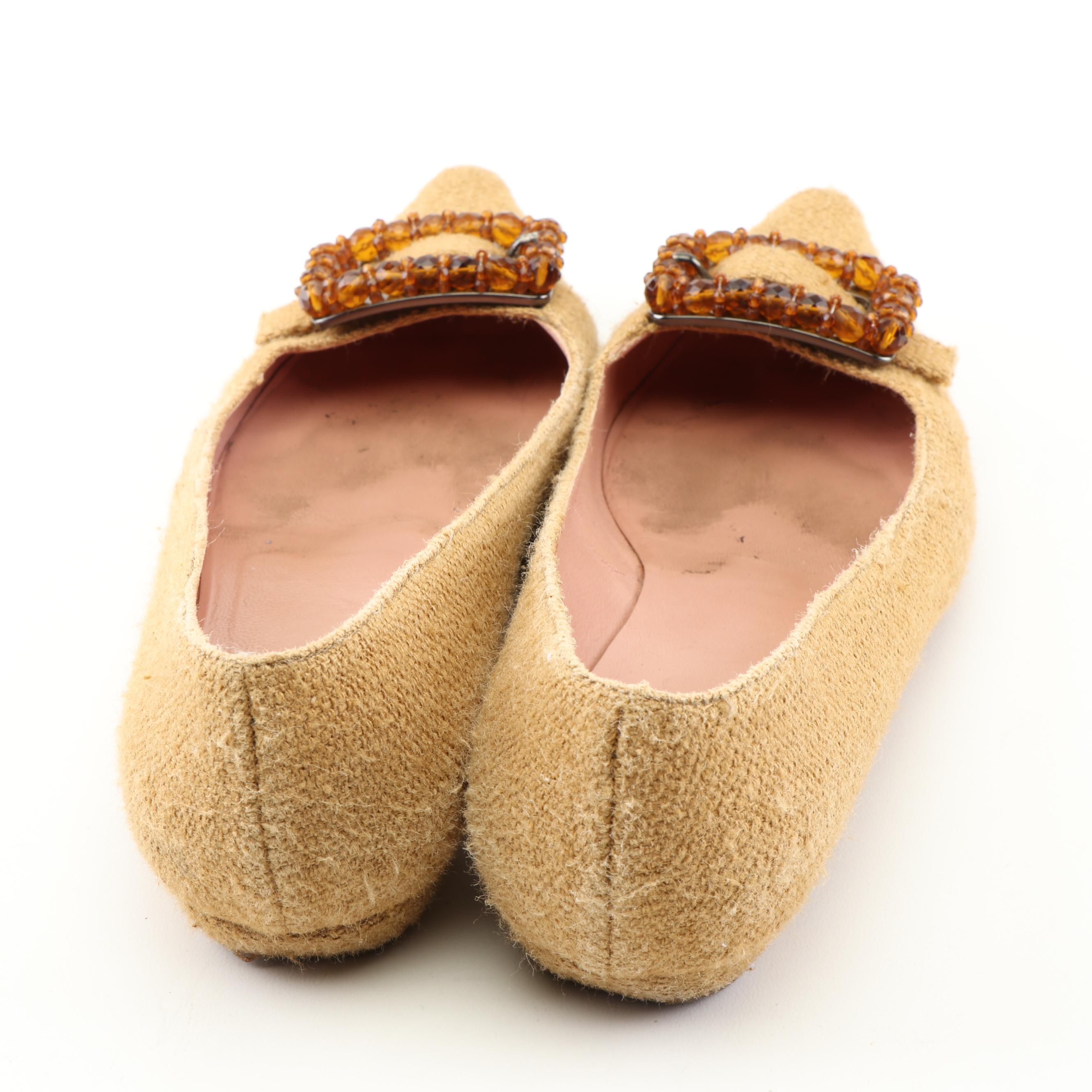 Prada Brown Suede and Link Pumps and Prada Camel Linen Flats with Beaded Buckle