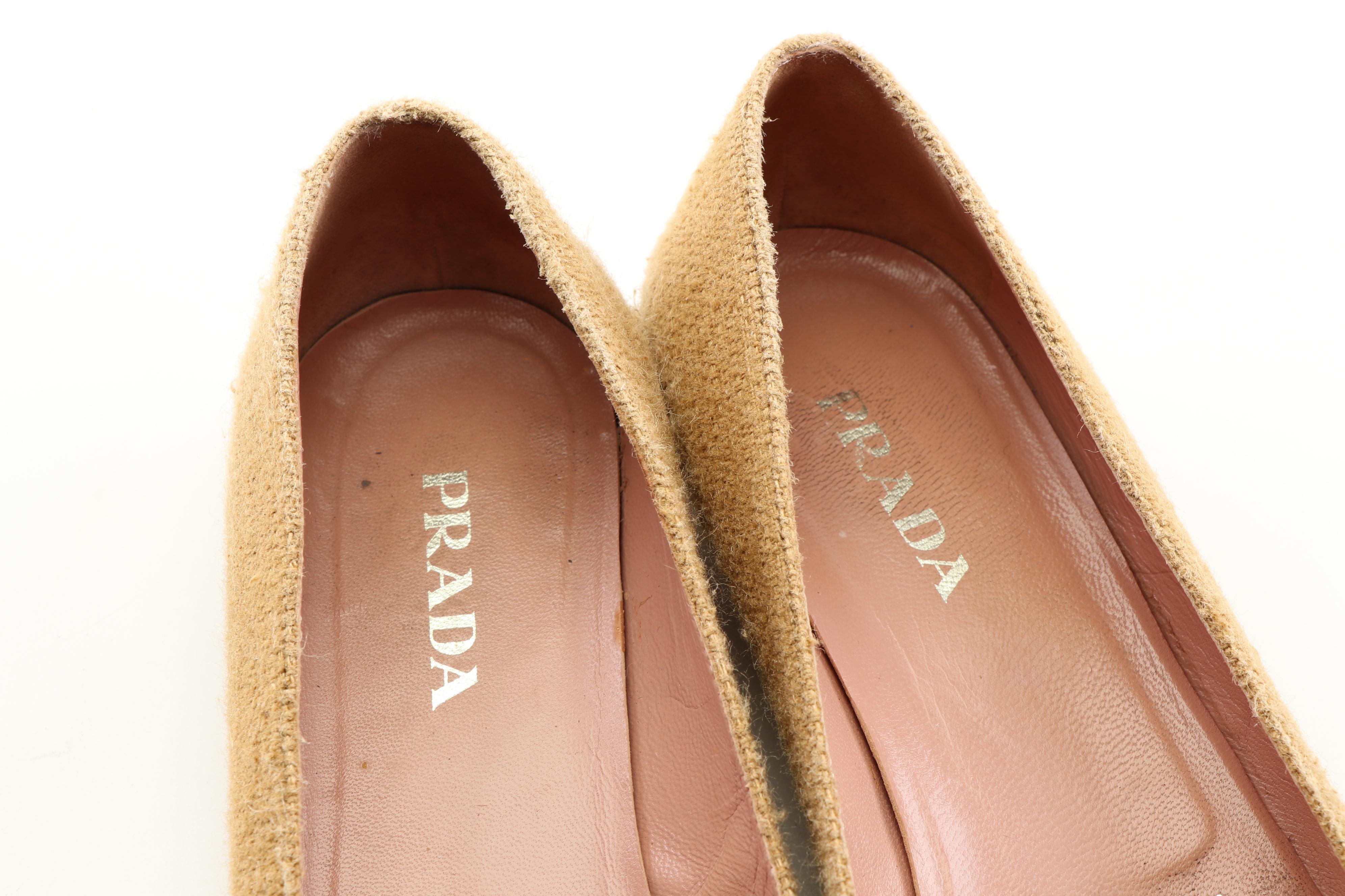 Prada Brown Suede and Link Pumps and Prada Camel Linen Flats with Beaded Buckle