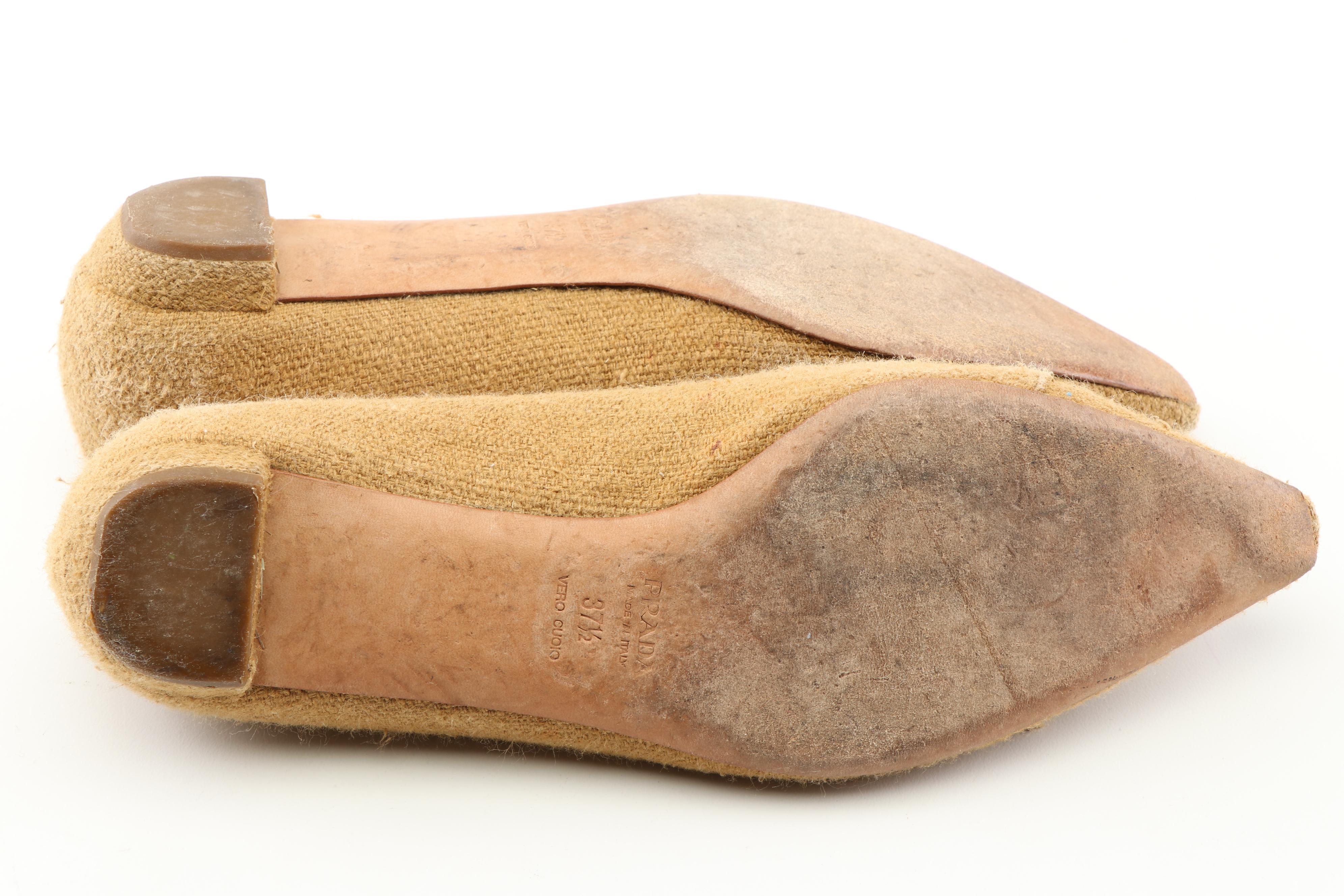 Prada Brown Suede and Link Pumps and Prada Camel Linen Flats with Beaded Buckle