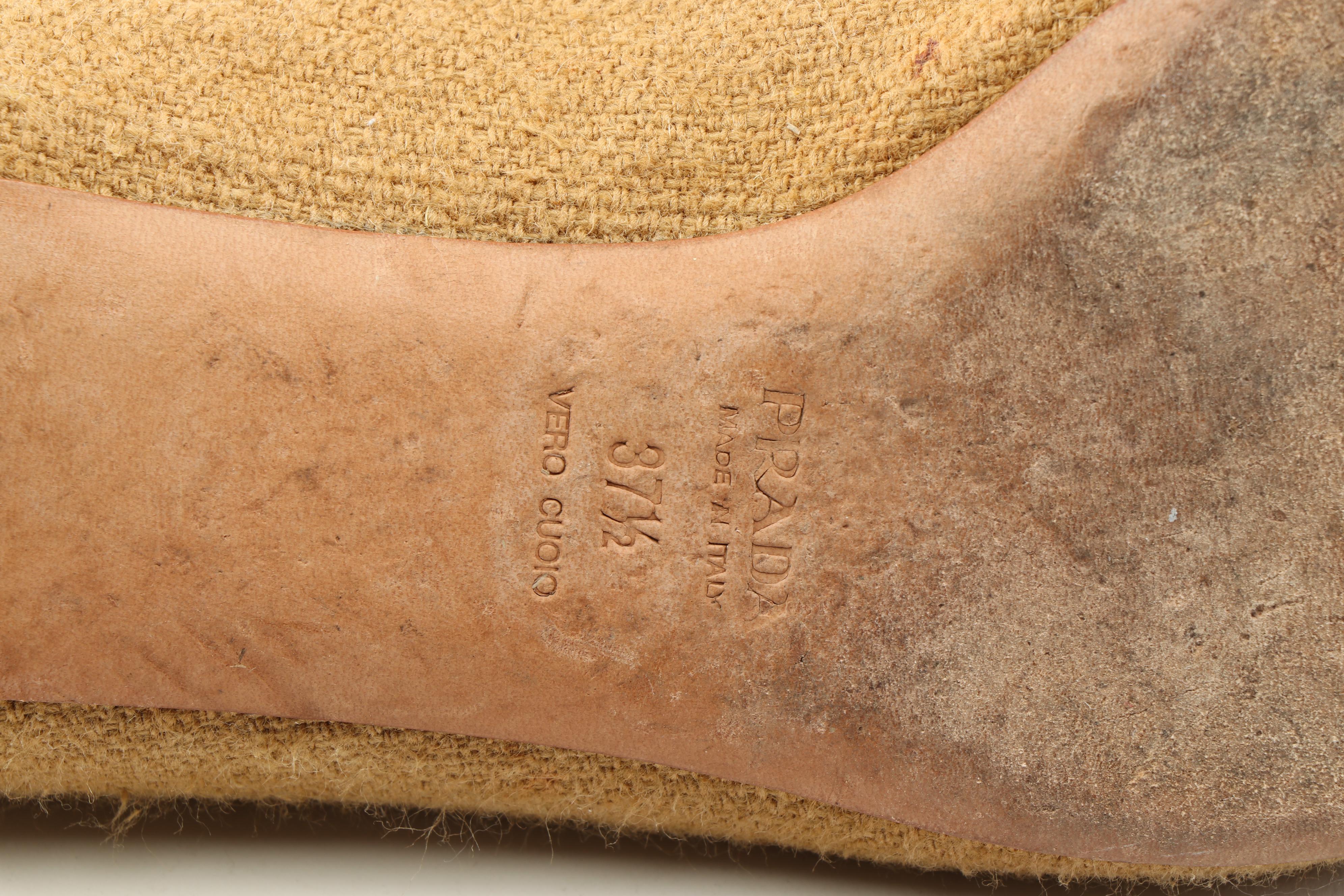 Prada Brown Suede and Link Pumps and Prada Camel Linen Flats with Beaded Buckle