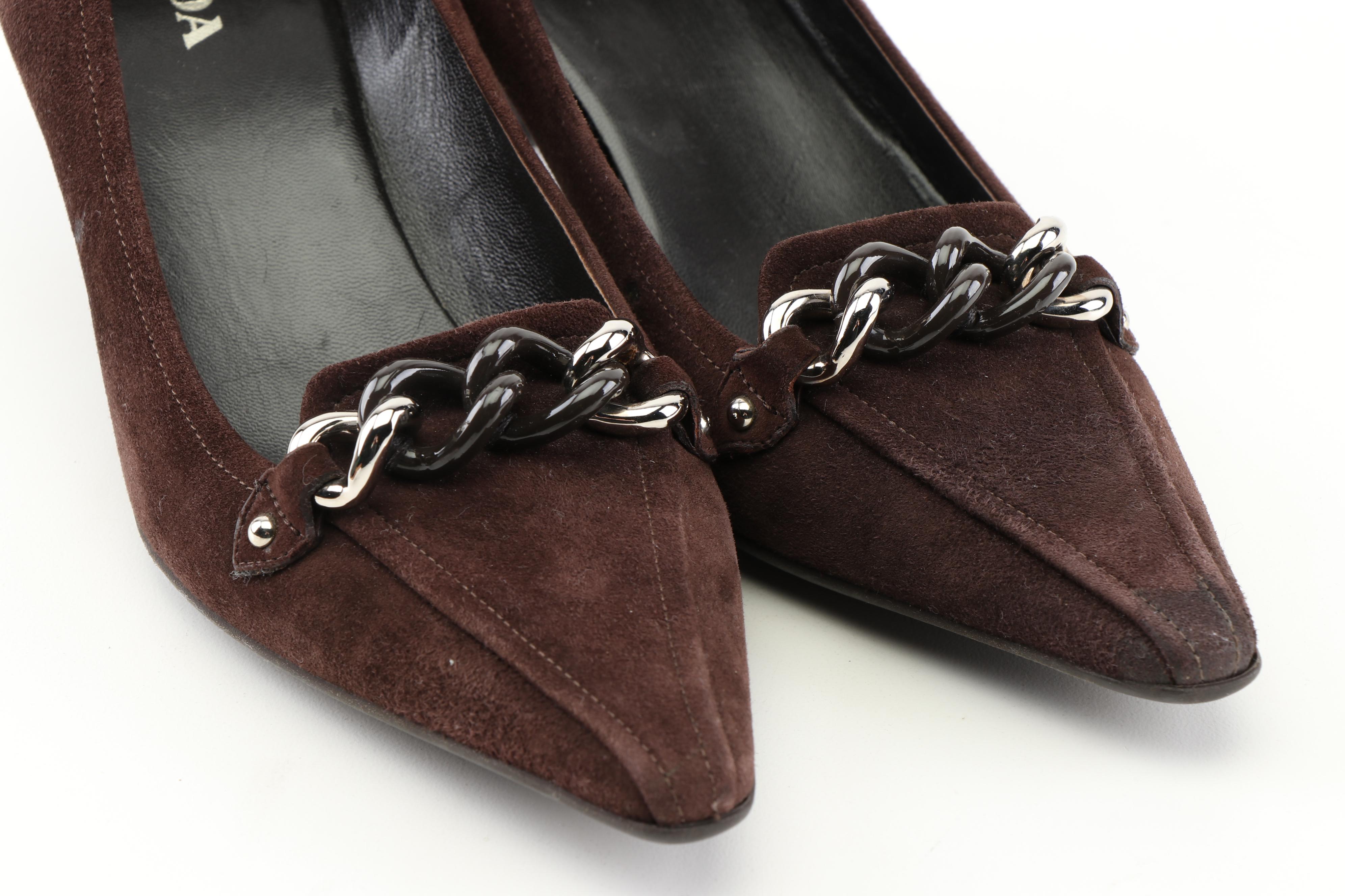 Prada Brown Suede and Link Pumps and Prada Camel Linen Flats with Beaded Buckle