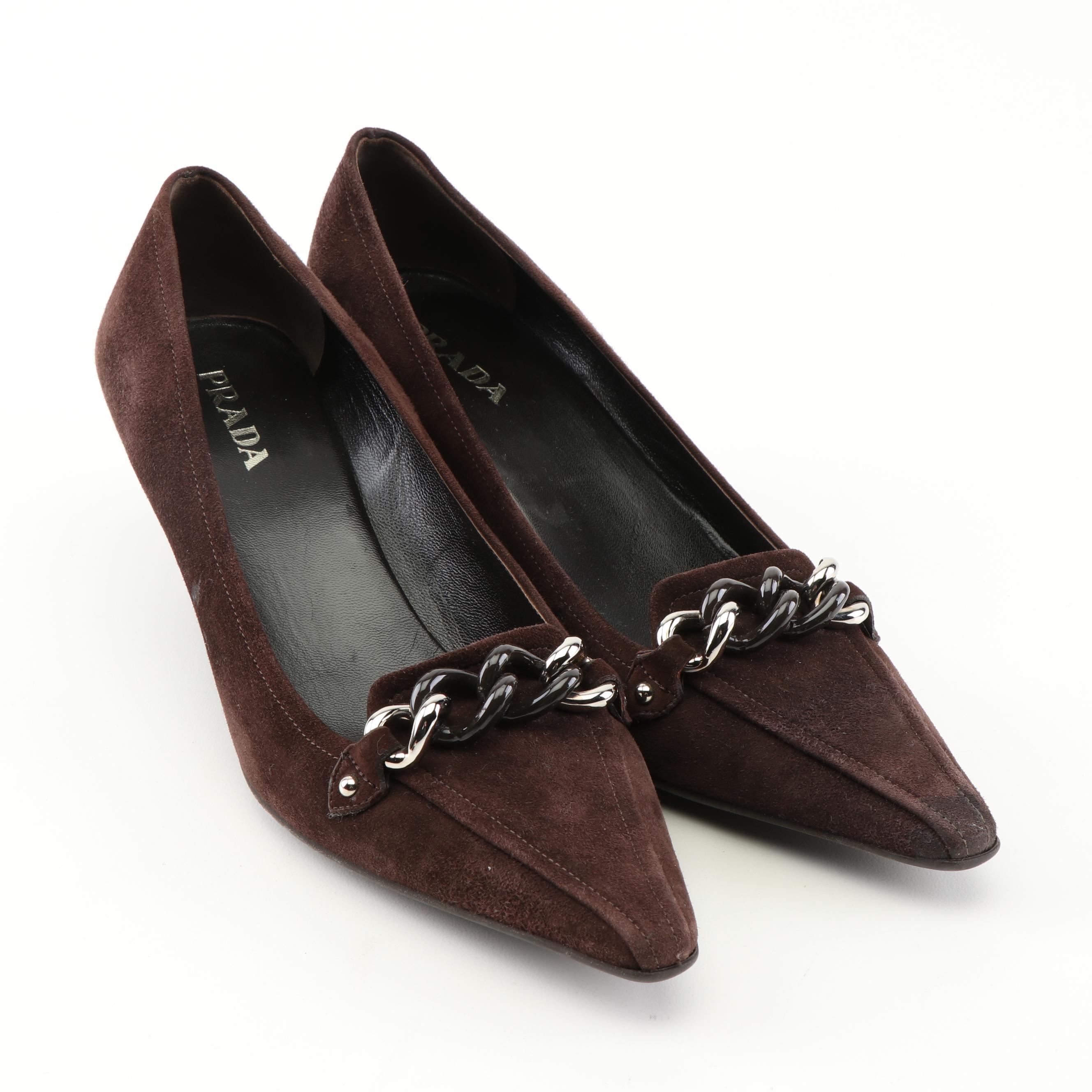 Prada Brown Suede and Link Pumps and Prada Camel Linen Flats with Beaded Buckle