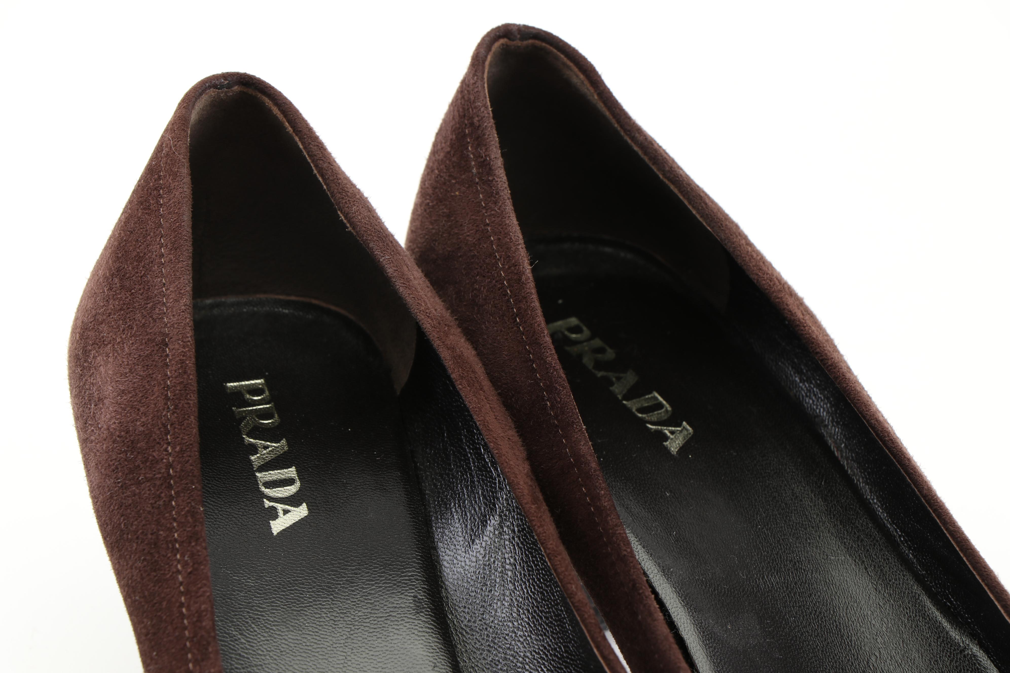 Prada Brown Suede and Link Pumps and Prada Camel Linen Flats with Beaded Buckle