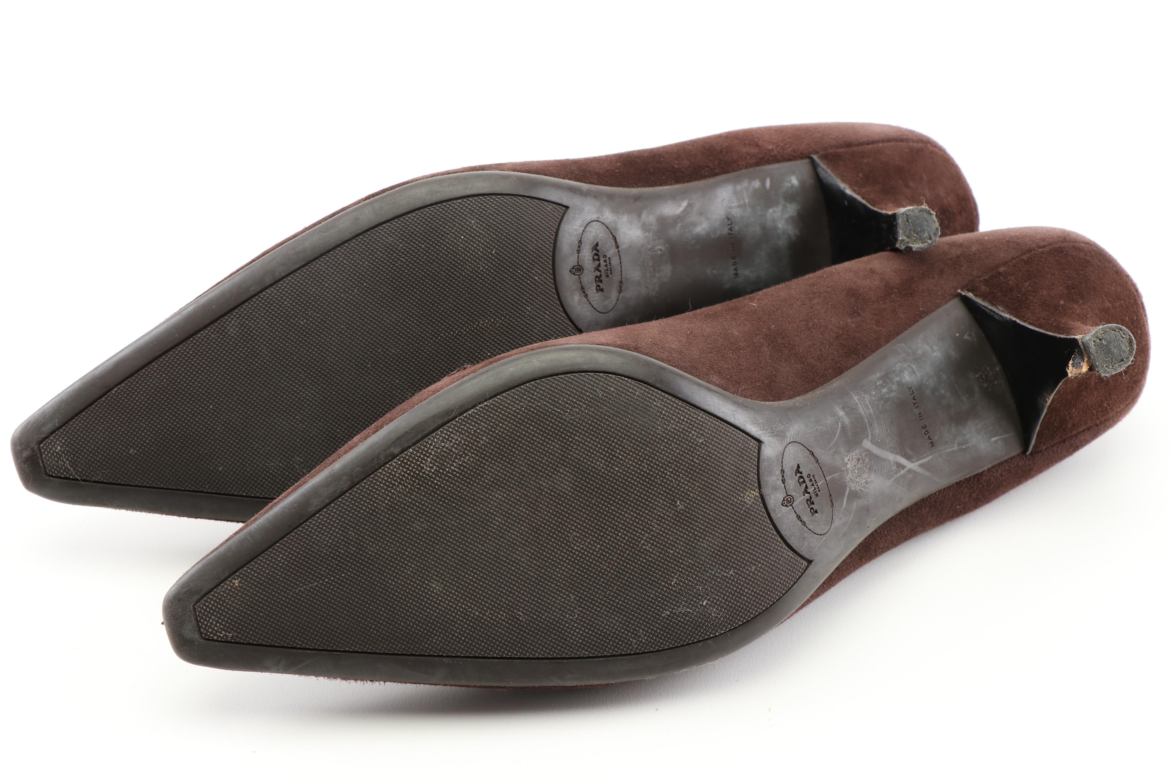 Prada Brown Suede and Link Pumps and Prada Camel Linen Flats with Beaded Buckle