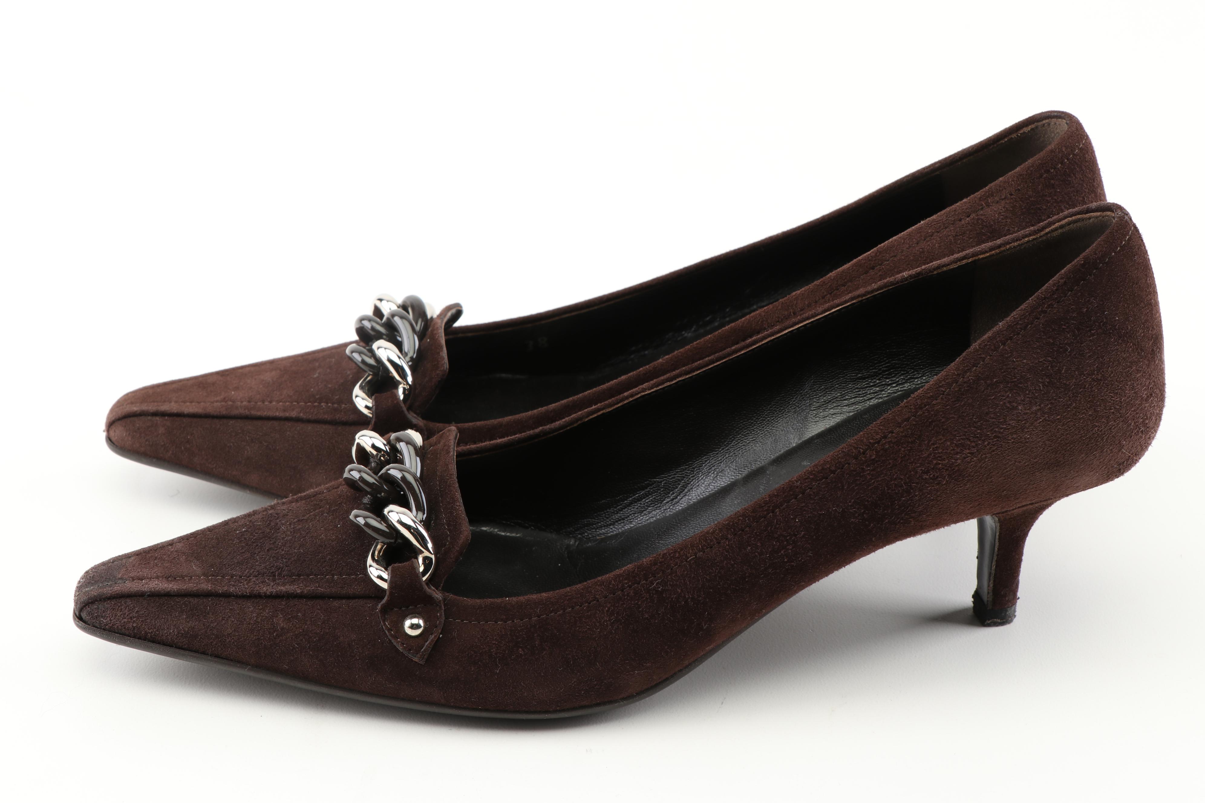 Prada Brown Suede and Link Pumps and Prada Camel Linen Flats with Beaded Buckle