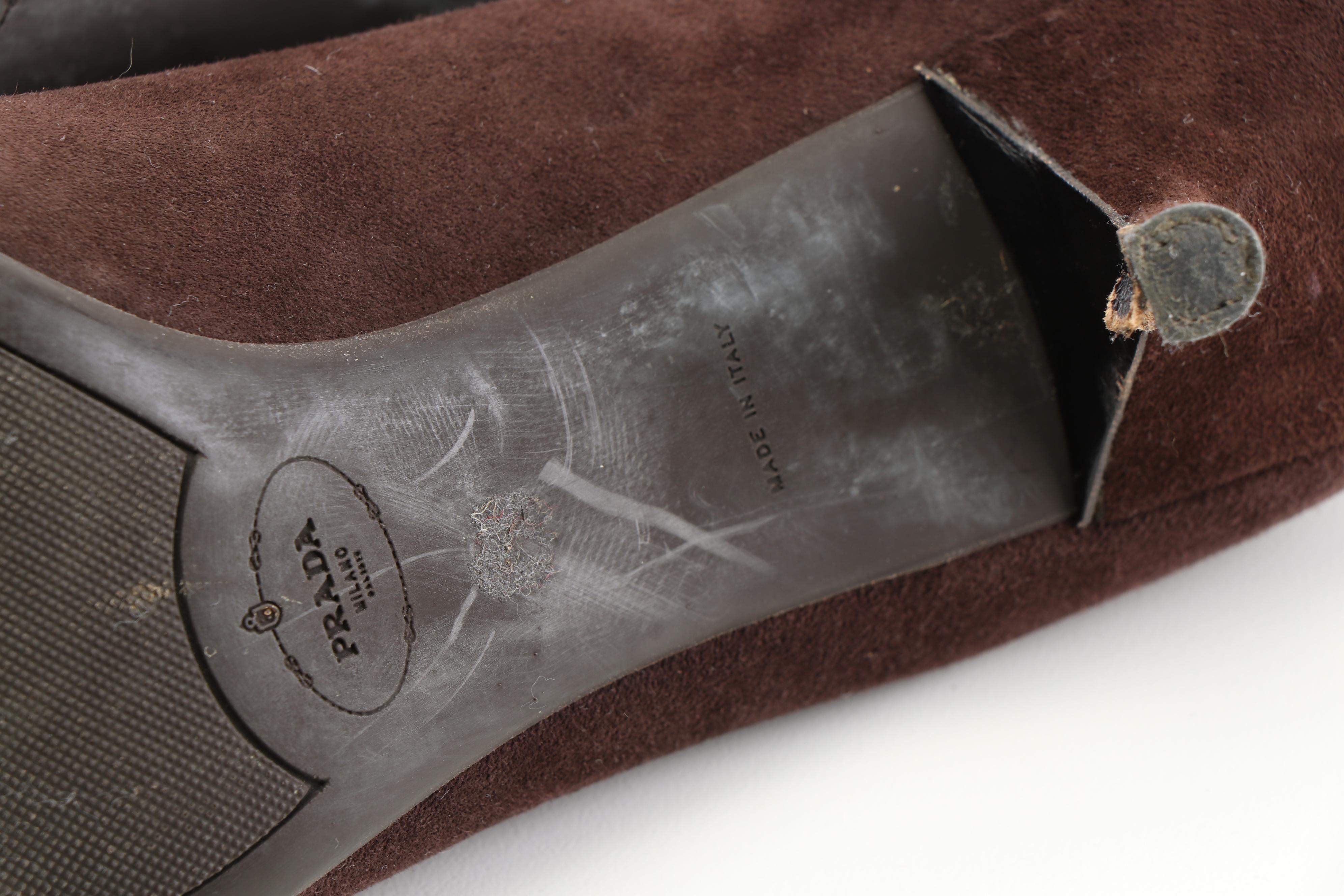 Prada Brown Suede and Link Pumps and Prada Camel Linen Flats with Beaded Buckle