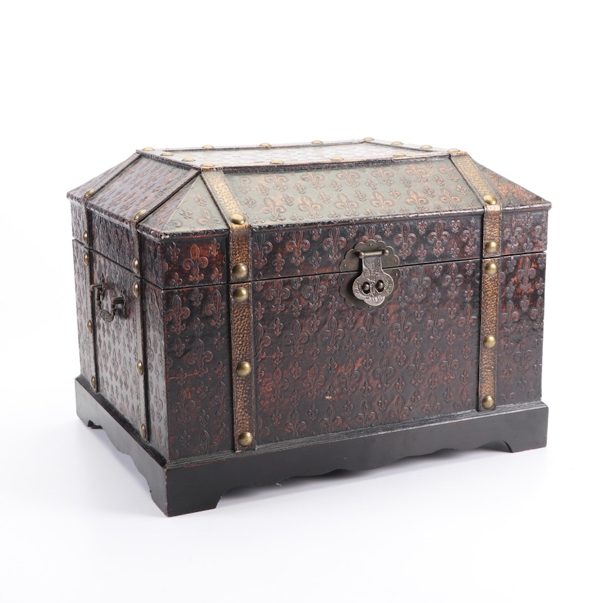 Wooden Chest with Fleur de Lis Design and Brass Studs