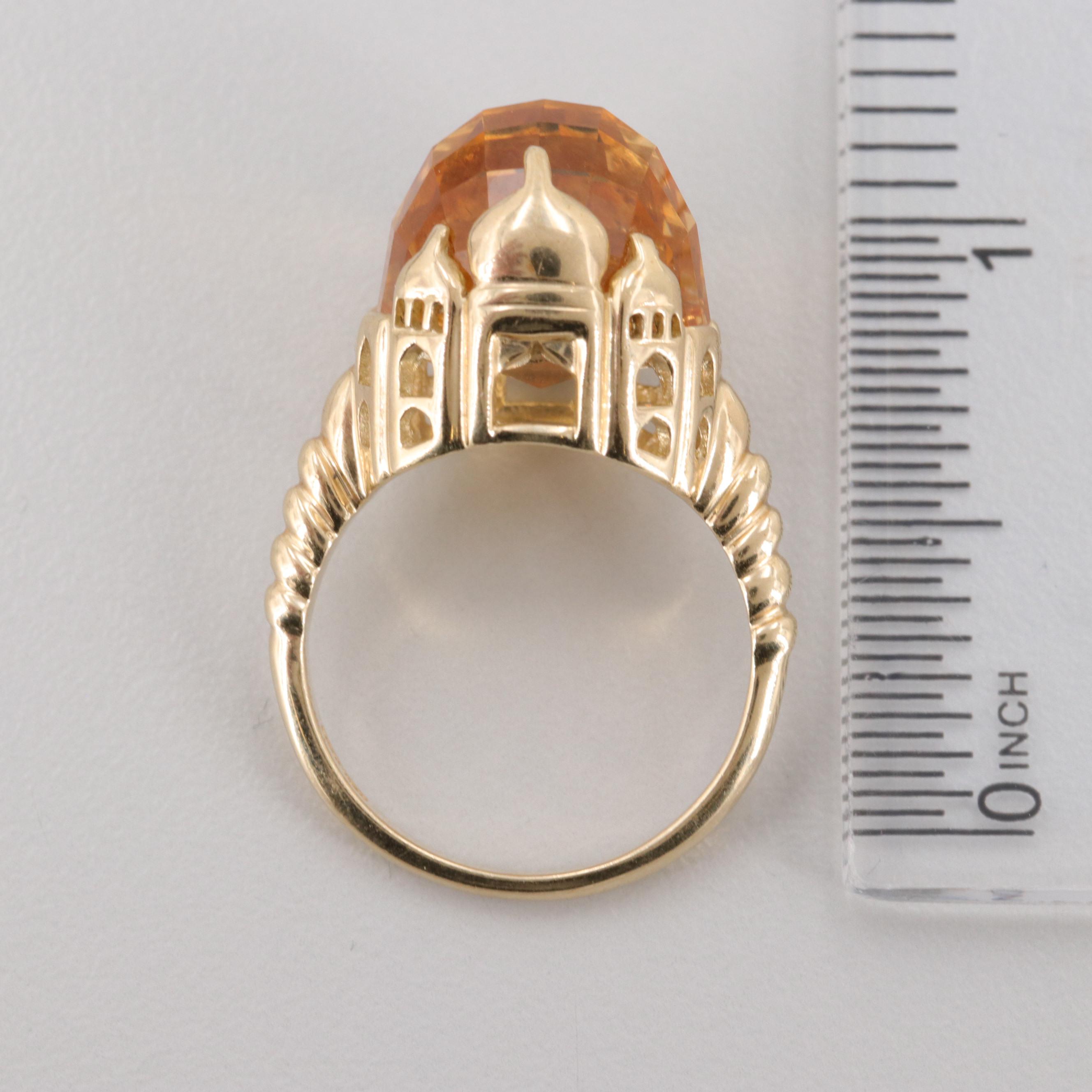 10K Yellow Gold Citrine Ring  with Taj Mahal Motif