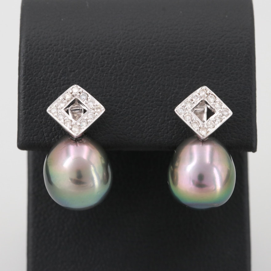 18K White Gold Cultured Pearl and Diamond Drop Earrings