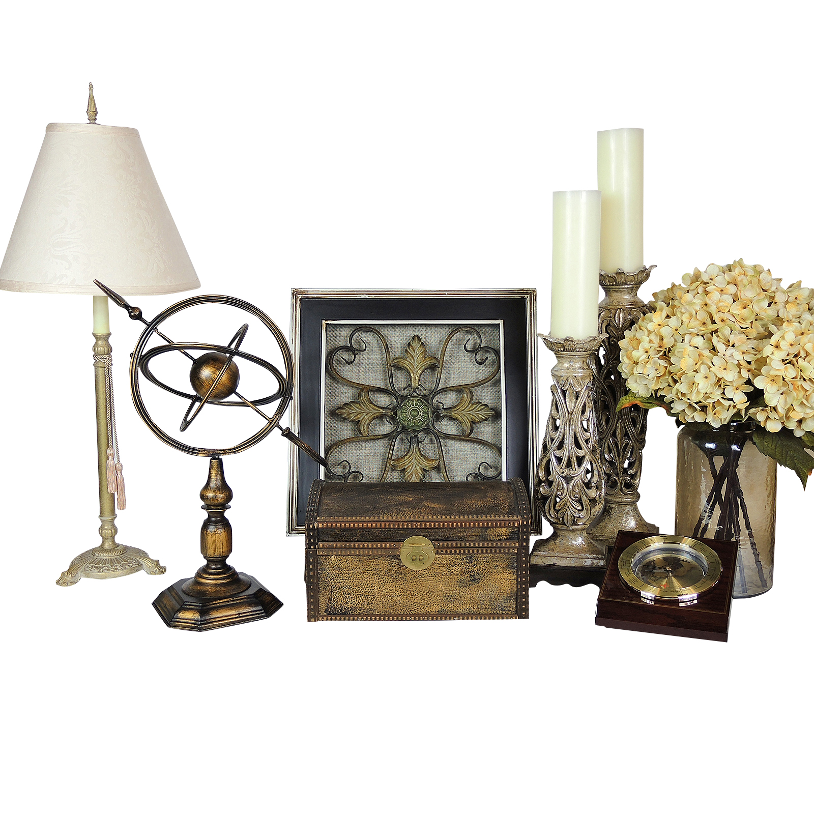 Table Decor Including an Armillary Sphere and Candlestick Lamp