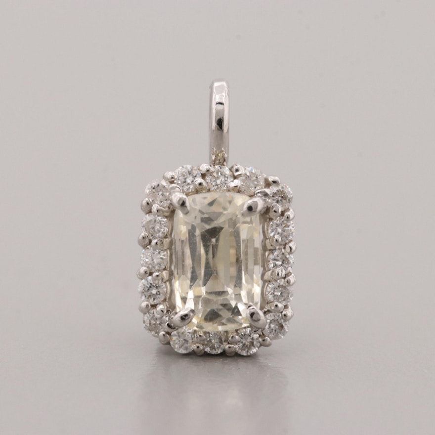 14K White Gold Unheated Yellow Sapphire and Diamond Pendant with GIA Report